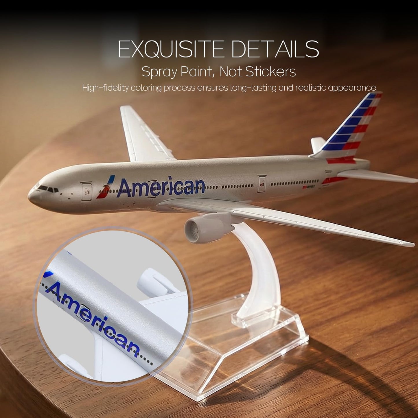 QIYUMOKE 1/400 Compatible for Boeing 777 AA Airplane Model 15cm Die-cast Aircraft with Stand, American Plane Replica for Desktop Decor, Collectible Gift for Adults & Aviation Enthusiasts