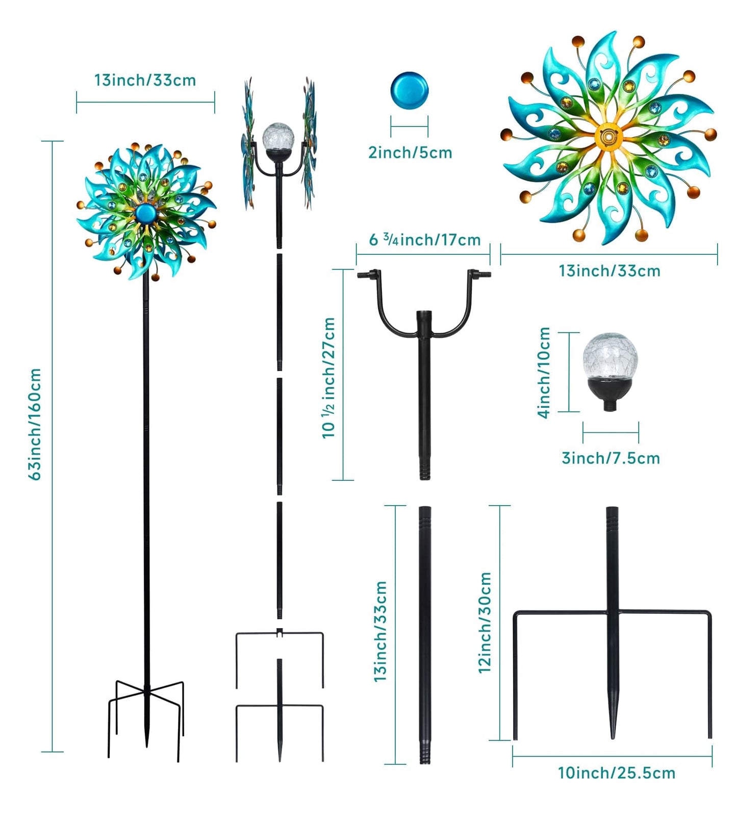VUFOZ Solar Wind Spinners Outdoor – H63xW13 Metal Kinetic Garden Spinner with Crackle Glass Ball & Built-in Solar Panel – Peacock-Style Yard Wind Sculpture with LED Light