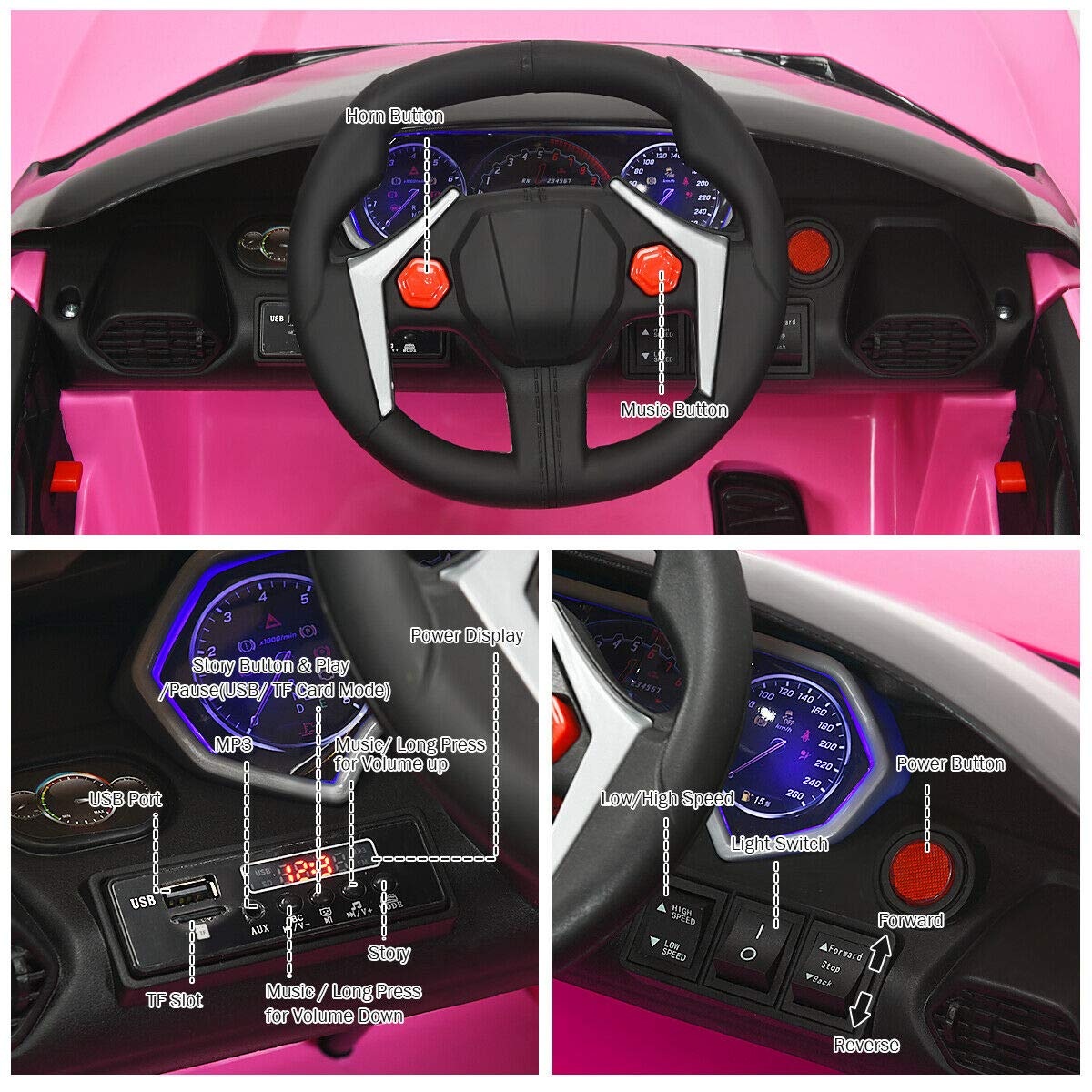 HONEY JOY Pink Ride On Car, 12V Battery Powered Electric Vehicle w/Remote Control,3 Speeds, LED Lights, Horn, Music, MP3, USB, Spring Suspension, 4 Wheeler for Boy Girl Gift, Electric Car for Kids