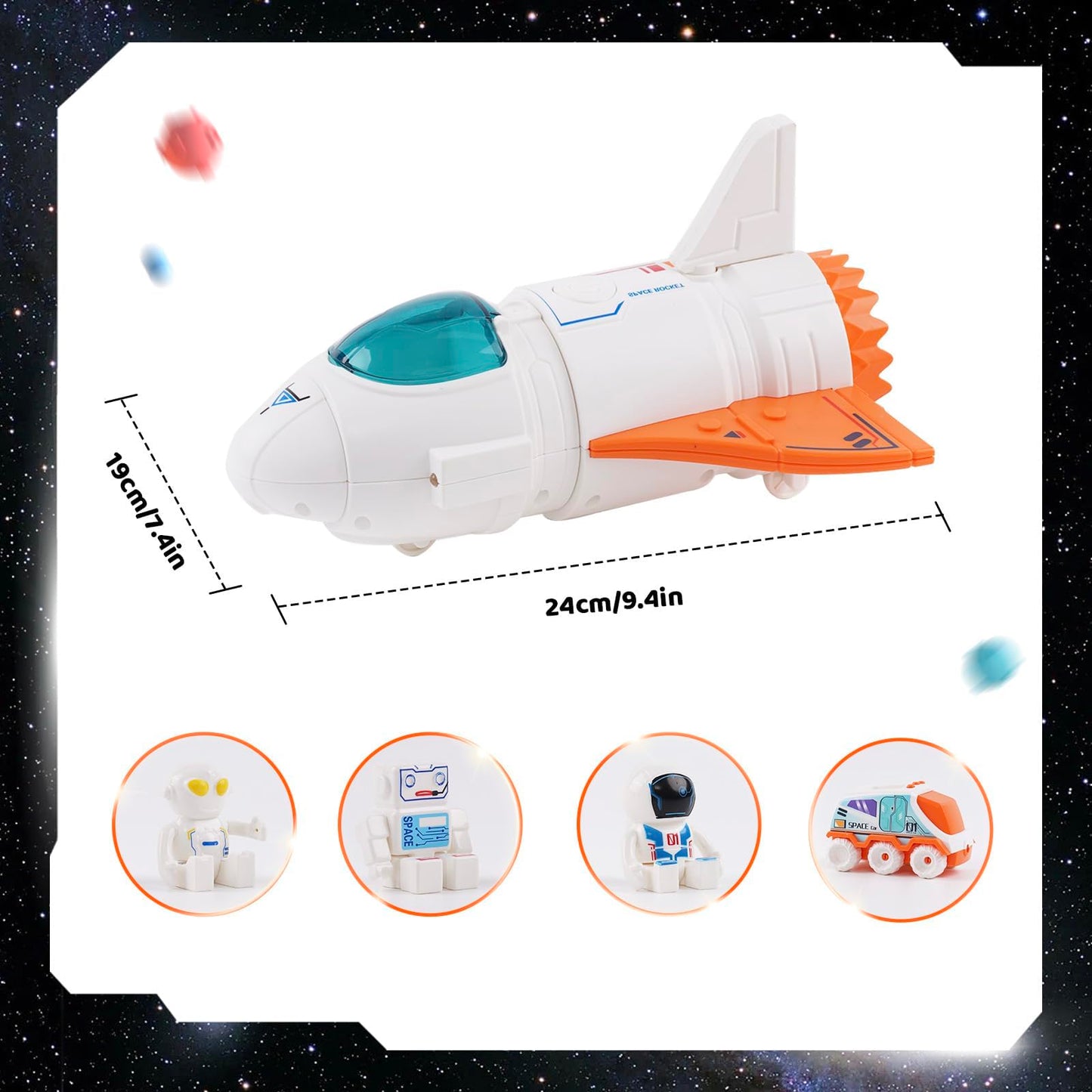Jomifin Spaceship Toy for Boys Girls, Space Shuttle Toys with Lights and Sound, 3 Astronauts Figure, Openable Cockpit, Spray Exhaust, Astro Venture Space Playset with Lunar car (Orange)