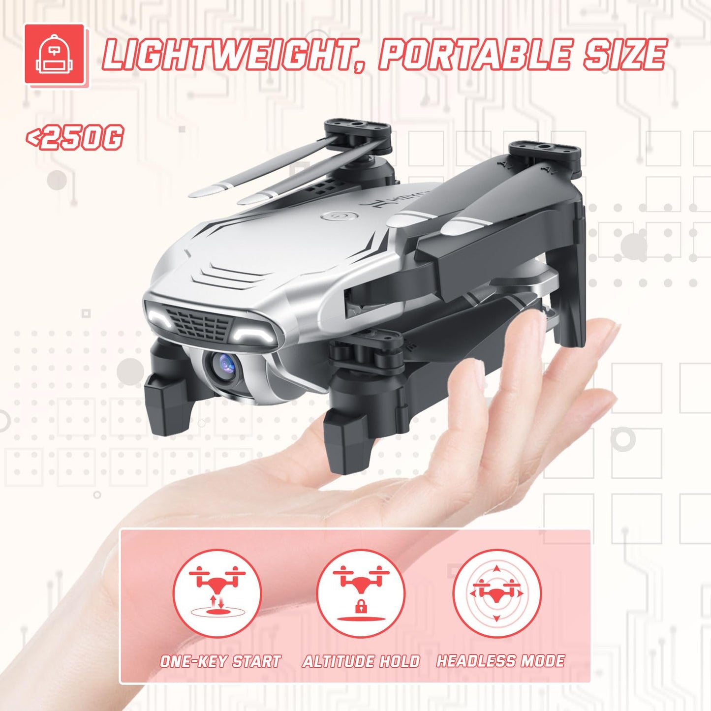Foldable Drones for Kids Beginners - With 1080P HD Camera, FPV Remote Control Quadcopter, One Key Start/Land, Altitude Hold, 2 Batteries RC Helicopter Toys Gifts for Boys (Lunar Silver)