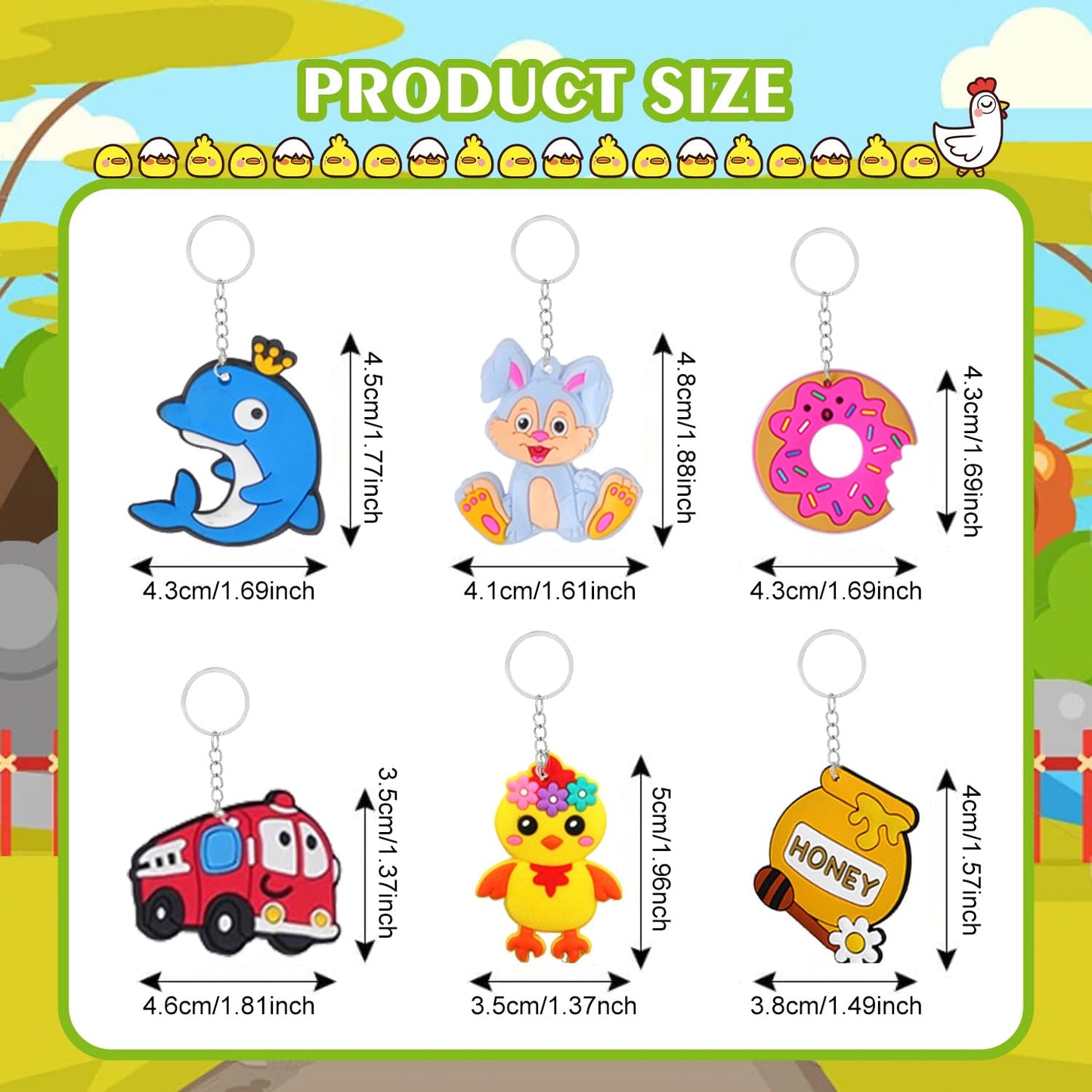 DIZRNOI 50 PCS Large Keychains Bulk Cute Key Chain for Classroom Prizes Rewards Students Incentives Birthday Holiday Gifts Party Favors Keyrings for Kids