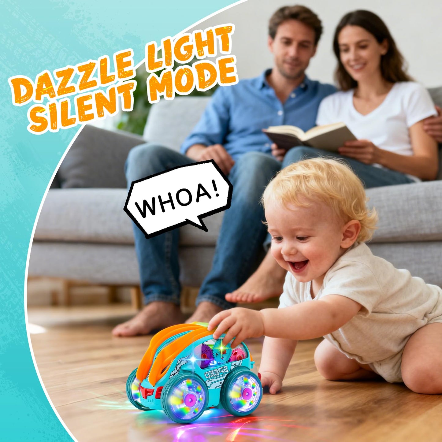 Light Up Transparent Sensory Car Toy - 360° Standing Rotation Roll Stunt Car, Bump and Go Toy Cars with Colorful Moving Gears & Music, Educational Toys for Toddlers, Best Gifts for Kids 1 2 3 4 Years