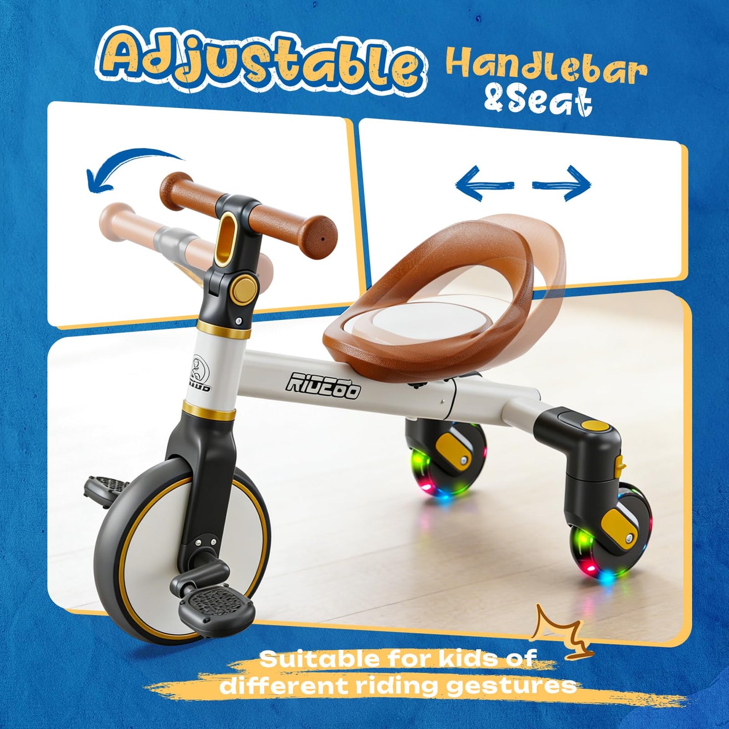 Ridego 3-in-1 Toddler Tricycle for 2-5 Years, Drift Trike with 360° Spin, Light Up Wheels, Adjustable Seat, Toddler Bike for Boys Girls