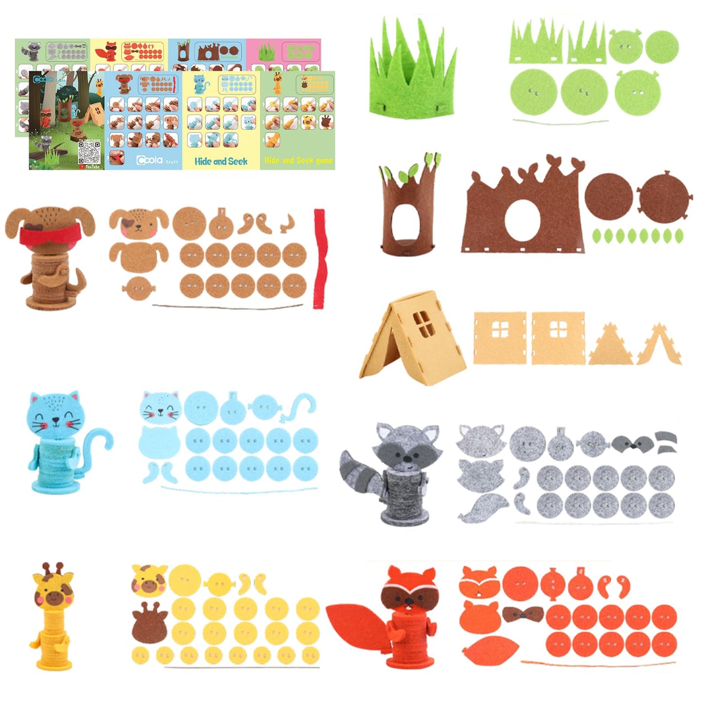 Coola Animal Hide & Seek Craft Kit - 8Pcs Preschool Beginner's DIY Toy Set for Kids Ages 3-6, Includes Cat, Dog, Giraffe, Raccoon, for Boys & Girls 4-8 Years