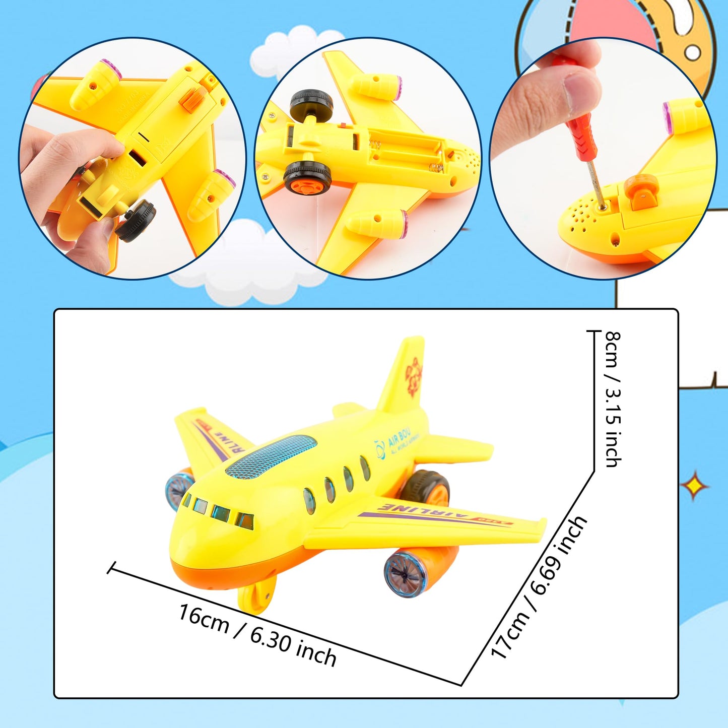 Drayear 4 Pack Light Up Airplane Toys Friction Powered Push Airplane Toy with Lights and Sounds for Kids Birthday Christmas Children's Day Gift Early Educational Toys