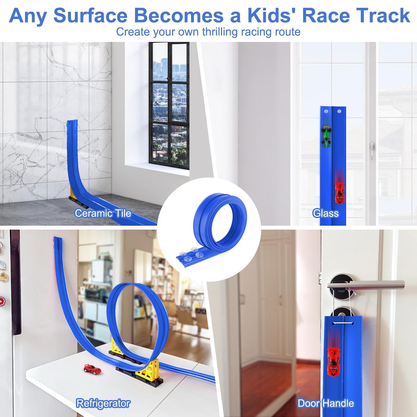 Flexible Race Car Track for Kids: 15 FT DIY Toy Car Track with Suction Cups, Roll-Up Portable Racetrack for Smooth Surfaces, Compatible with 1/64 DieCast Cars, Gift for Boys Girls Ages 3+