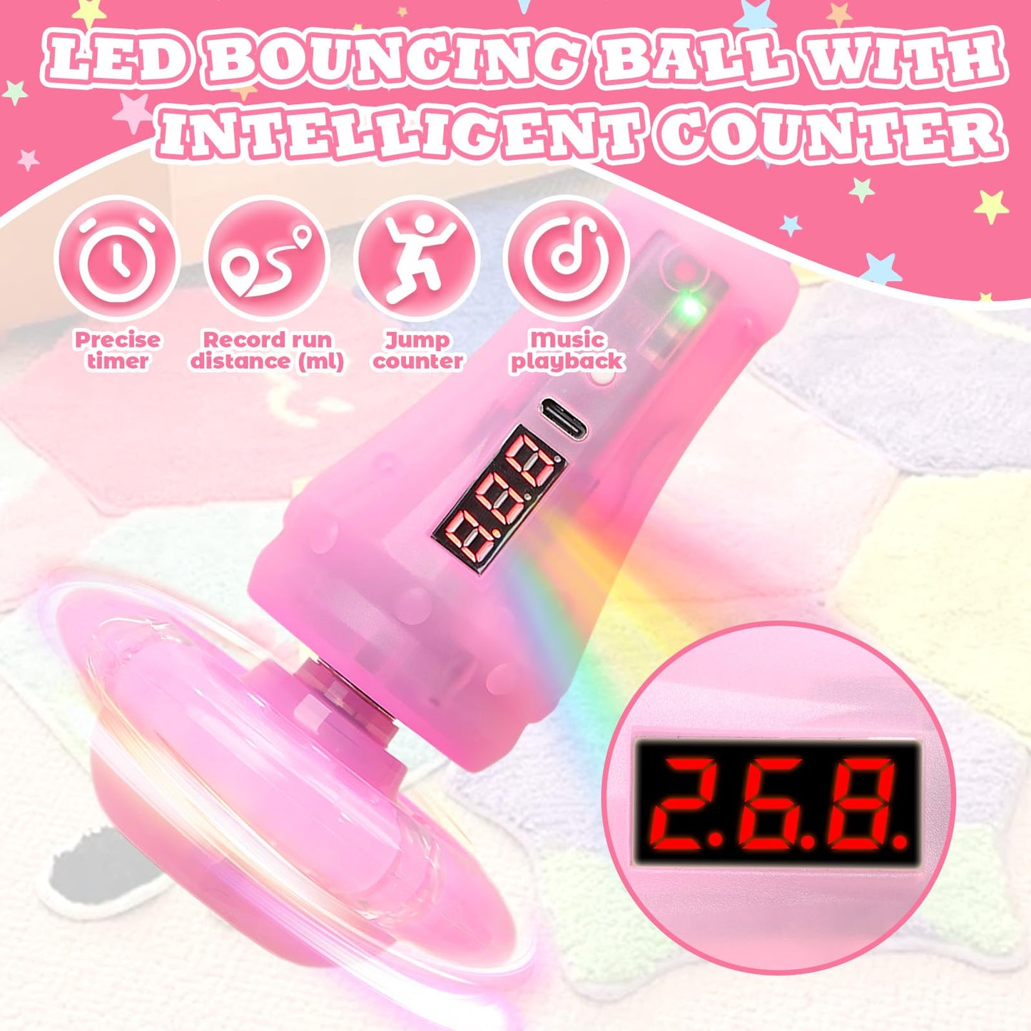 Rechargeable Ankle Skip Ball for Girls, LED Light Up Skip Ball with Counter Timer, Foldable Jumping Toy with Flashing Wheel, Outdoor Birthday Gifts for Kids Age 6-10 (Pink, Illumination + Counter)