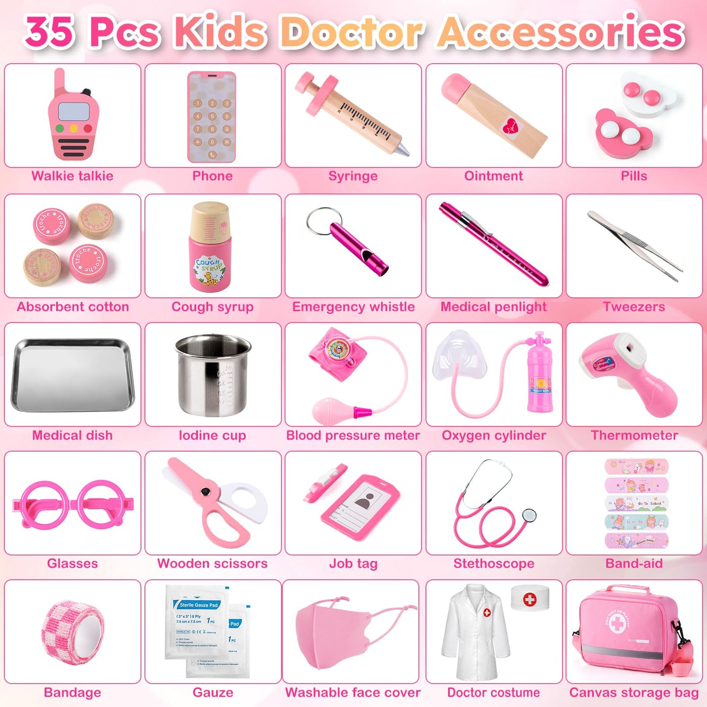 Sundaymot Doctor Kit for Girls, 34 Pcs Doctor kit for Toddlers 3-5 with Medical Storage Bag & Real Stethoscope Pretend Play Doctor Set, Doctor Play Gift for Kids Toddlers Role Play