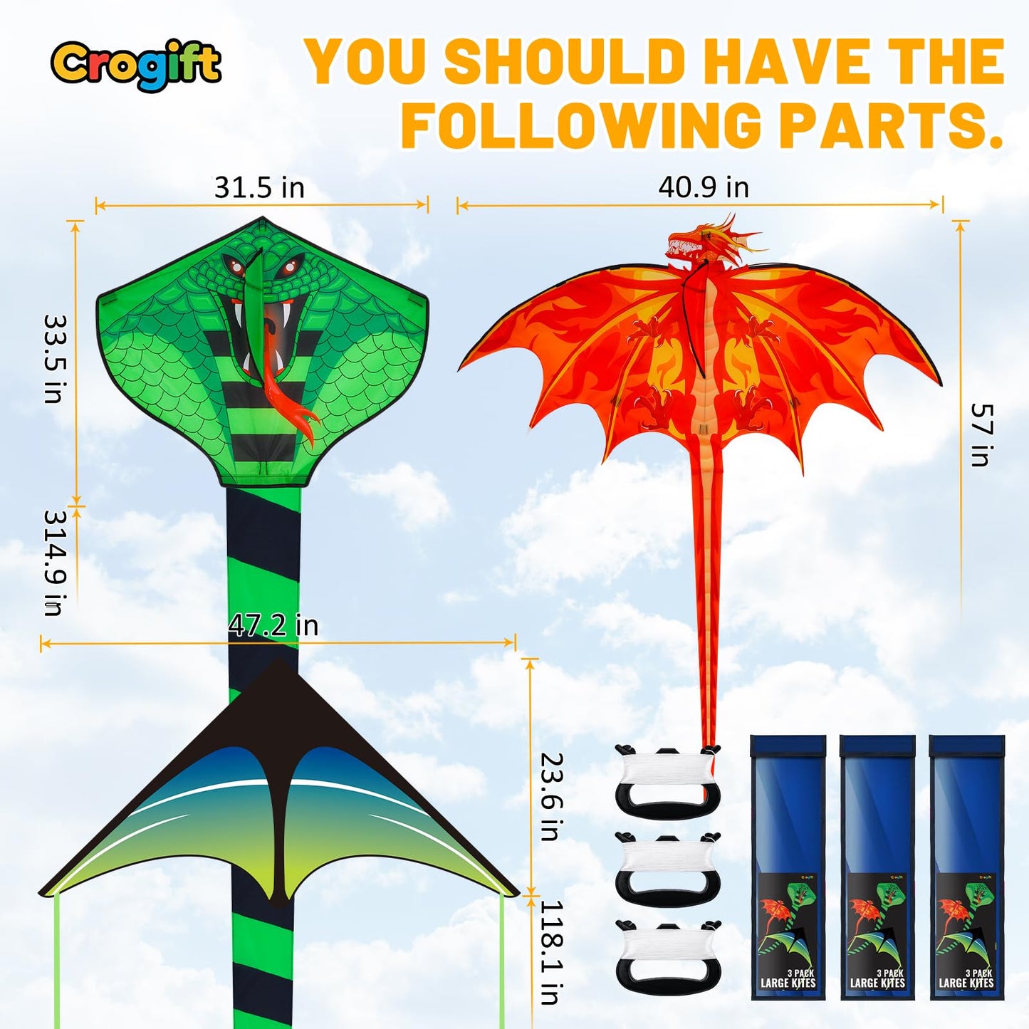 3 Pack Large Kites - Dragon Snake Delta Kites Easy to Fly for Adults Kids Beach Park Outdoor Game Activities, Gifts for Easter Festival Birthday