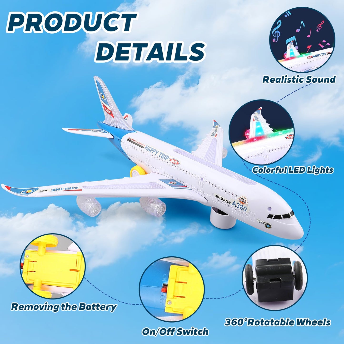 AtomDream Tech Bump and Go Airplane Toy – Realistic Airplane Model with 4D Lights & Sound – Moving Plane Toy for Kids Ages 3-12 – Automatic Direction Change on Collision – Great Gift for Kids(Blue)