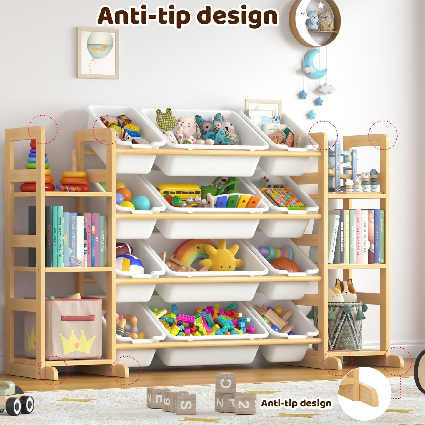 Ratulie Large Toy Storage Organizer Kids Toy Organizer and Bookshelf Combo with 12 Bins and 6 Shelves Toy Organization Box Toy Shelf for Playroom, Bedroom, Nursery