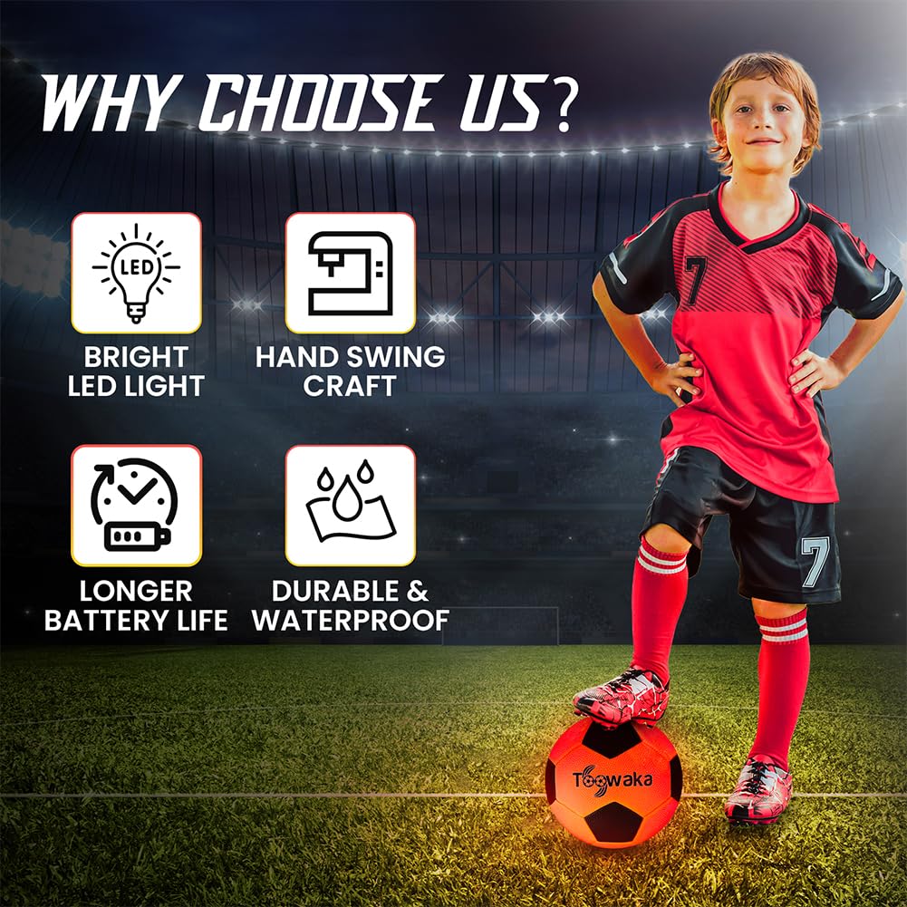 Toowaka Light up Soccer Ball,Glow in The Dark Soccerball with LED Lights Pre-Installed-Batteries Included(Size 5)
