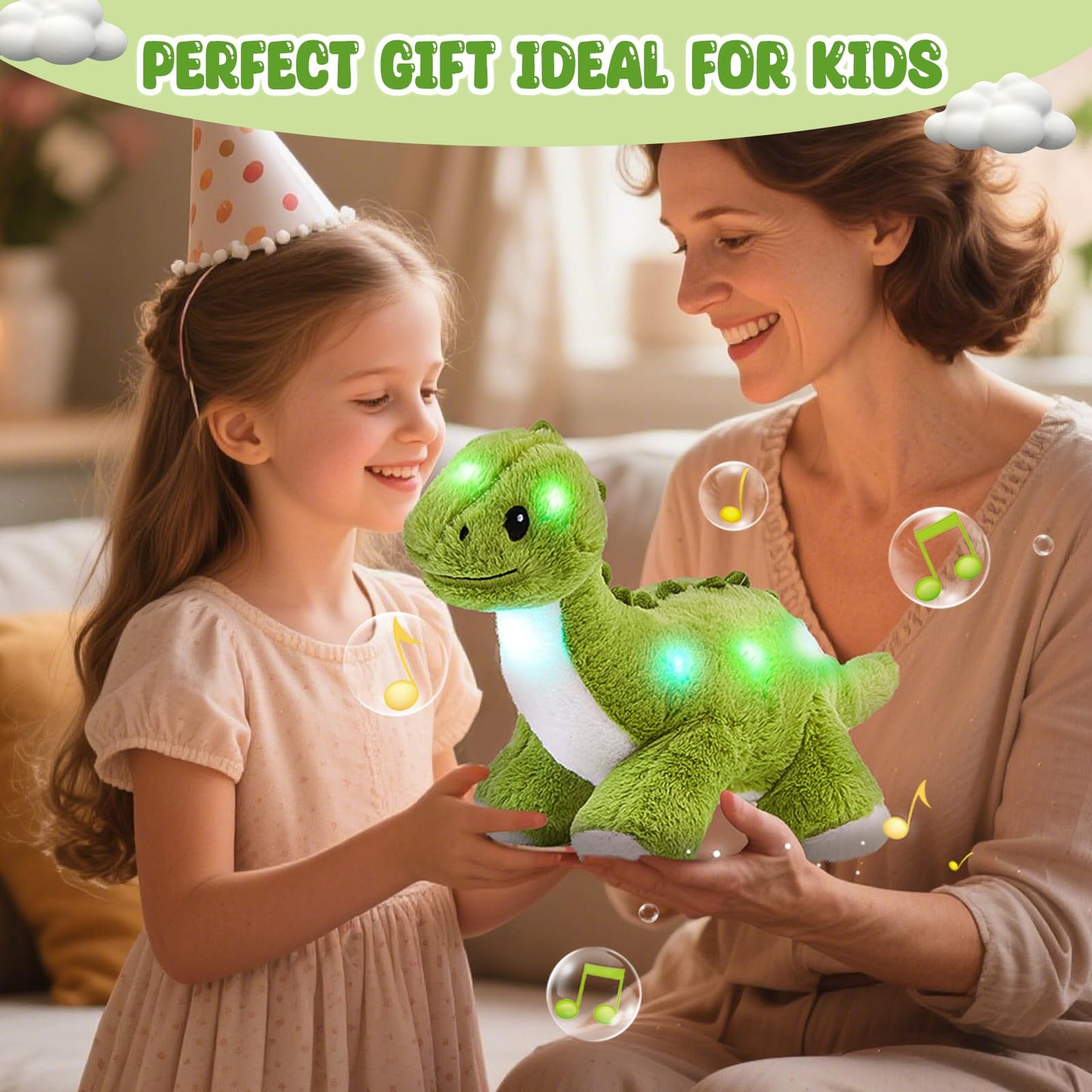 Glow Guards 16'' Light up Dinosaur Stuffed Animal,LED Soft Dinosaur Plush Toy with Magic Night Lights&Lullaby,Birthday Children's Day for Toddler Kids (Green, Music)