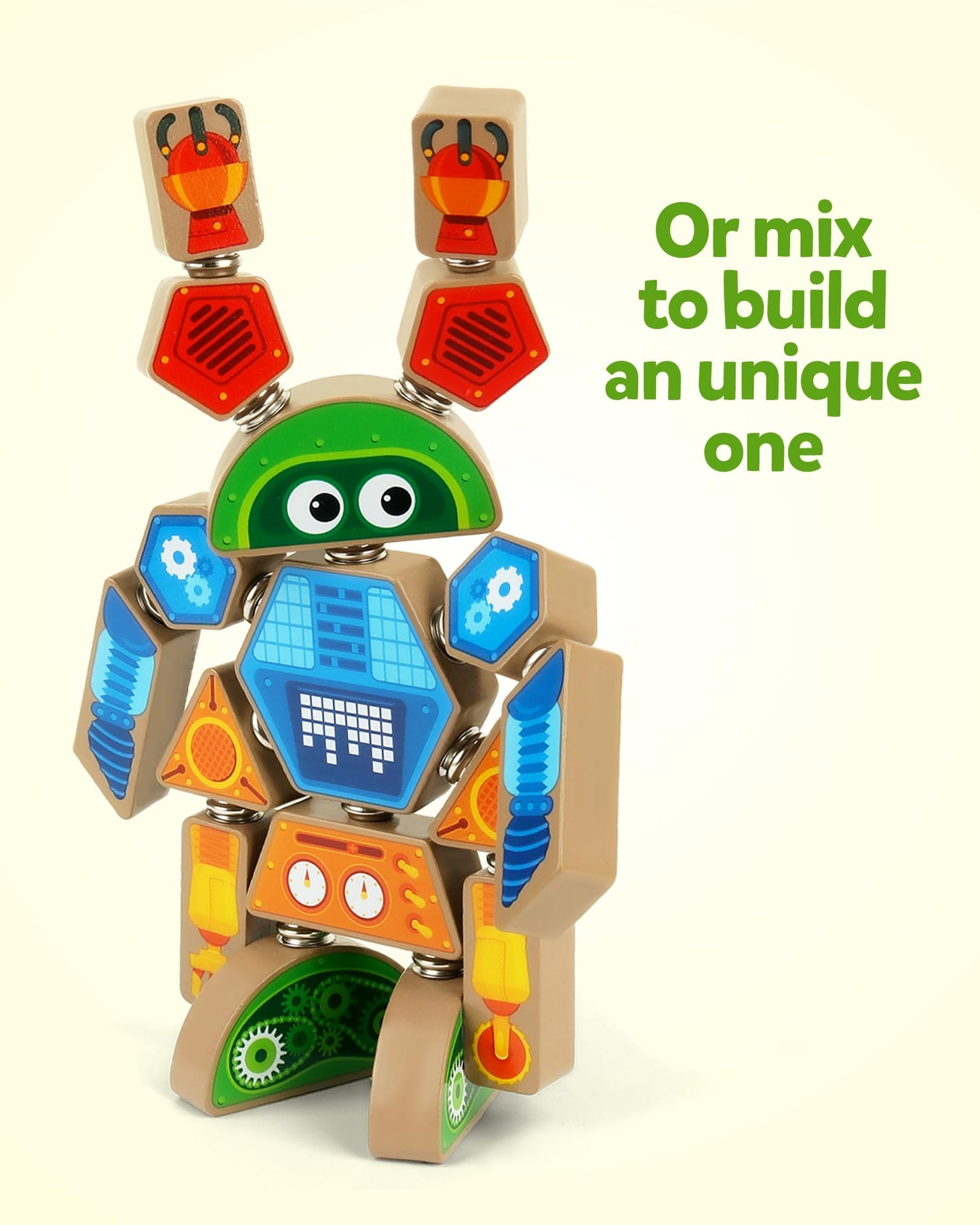 Coogam Snap Together Robot Builders for Toddlers, Wooden Take Apart Robot Build Block Playset, Fine Motor Skill STEM Educational Montessori Toy Gift for 3 4 5 Years Old Kids