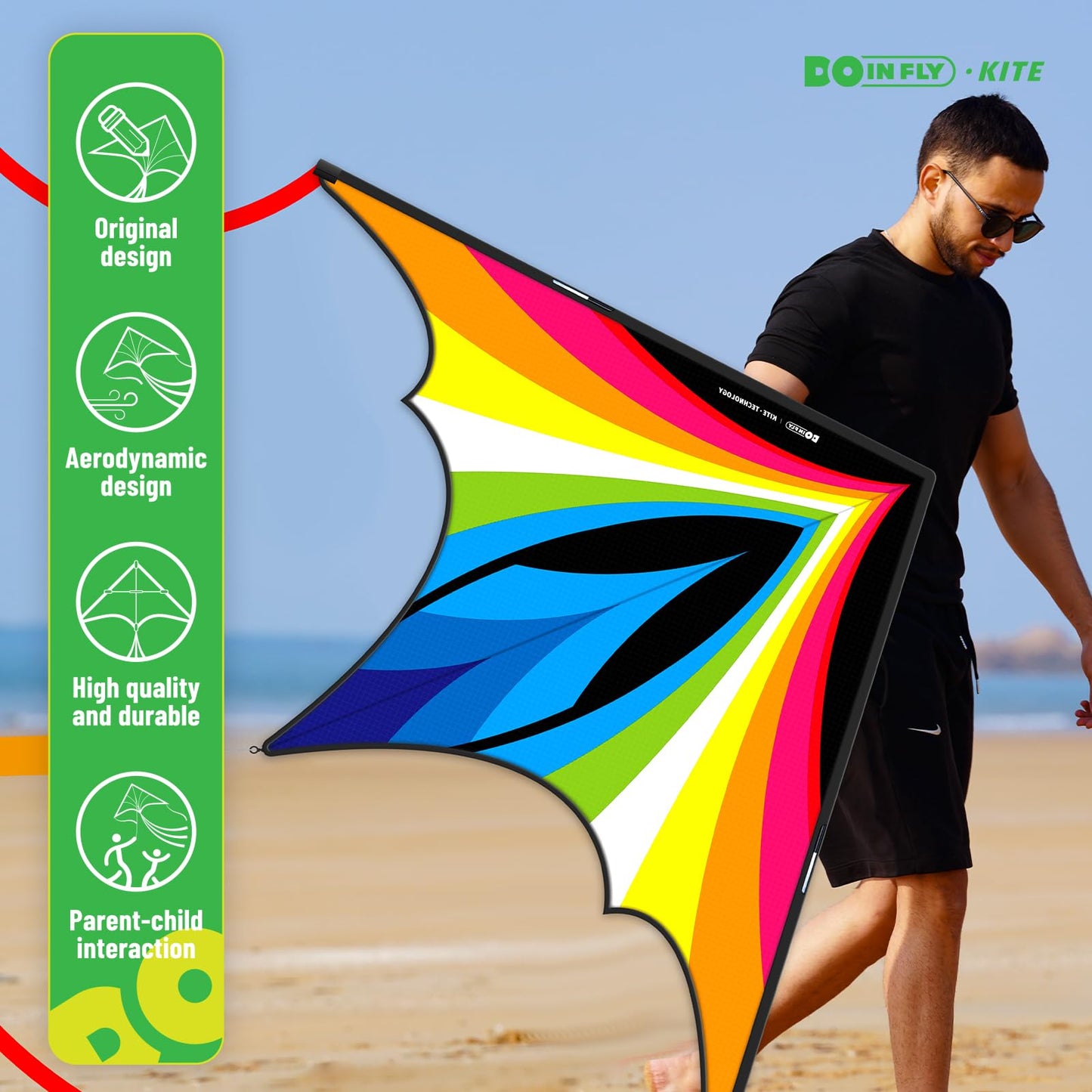 Doinfly Triangular-Shaped Kite - Easy to Control, with an Eye-catching Design, it is Perfect for Outdoor Entertainment and Suitable for Beginners to use. (Charger Delta Kite -Rainbow, 1.4m)