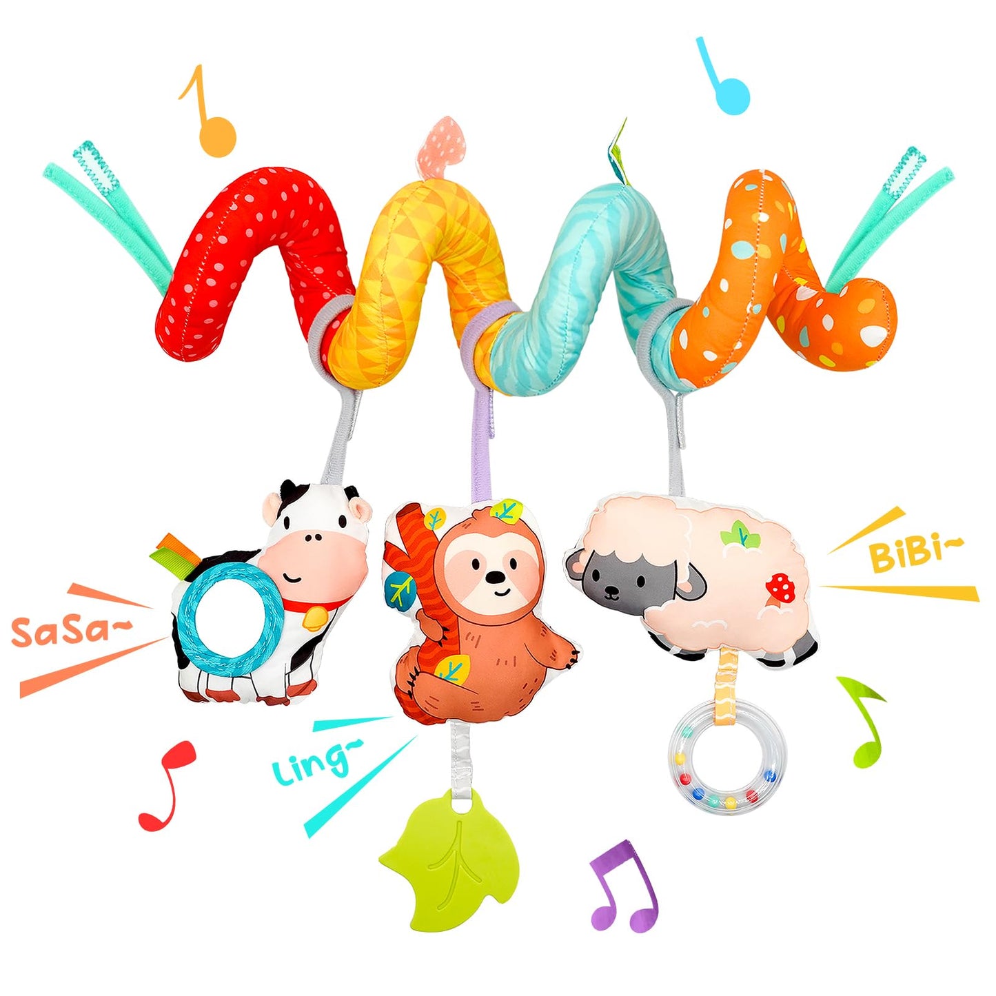 XIXILAND Car Seat Toys for Babies 0-6 Months Boy Girl Carseat Toys Hanging Spiral Stroller Toys, Infant Toys Baby Toys 0-6 Months Newborn Toys 0 3 Months Brain Development with Mirror Teether Rattle