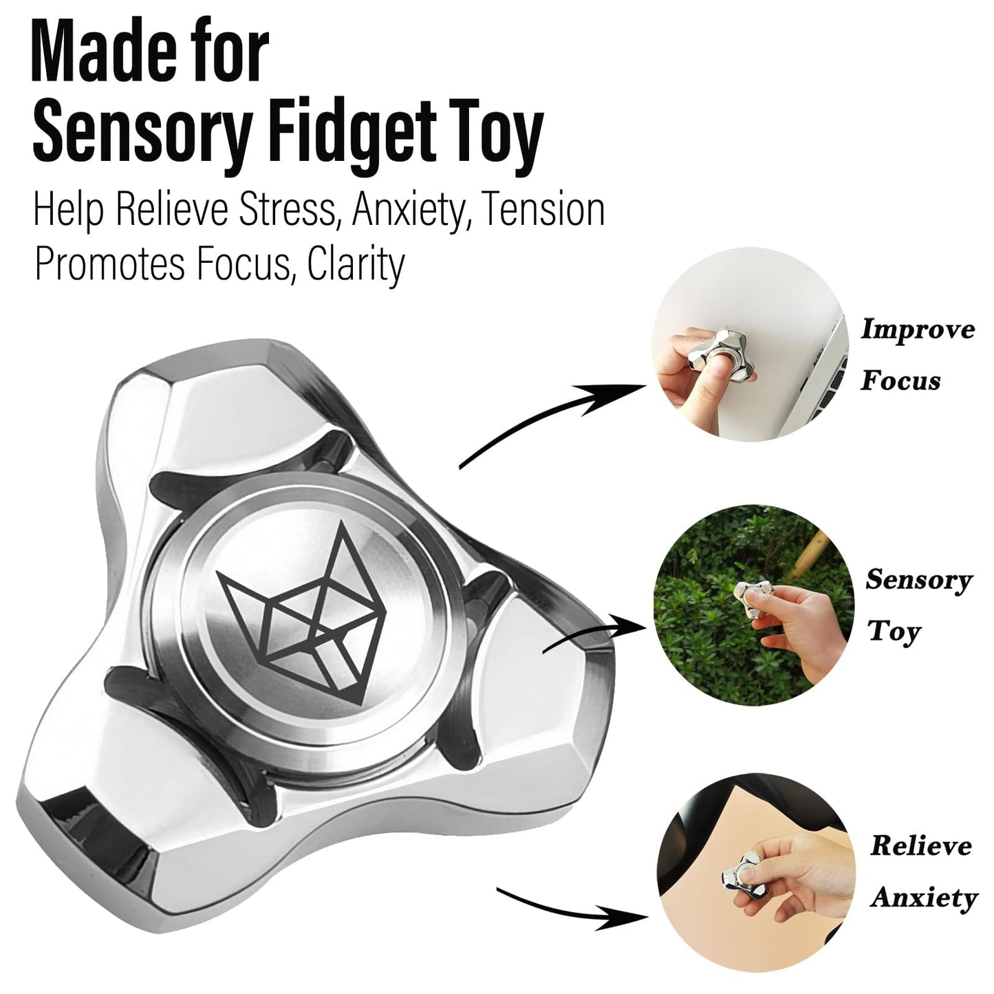 FREELOVE Metal Fidget Spinner for Adults, Stainless Steel Heavy Spinning Toys, Small Mini Fox Hand Gyro, Bearing Premium Long High Spin Fidget Block, Silver