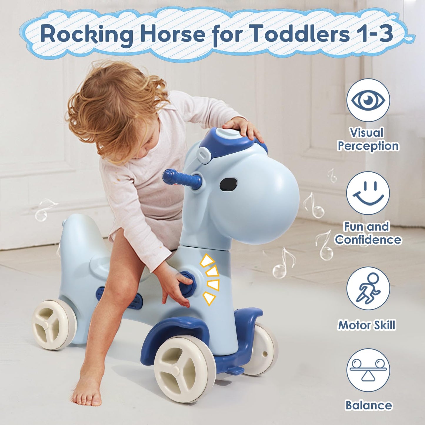 4 in 1 Rocking Horse for Toddlers 1-3 Years Old, Baby Rocking Toy Fun Birthday Gift for 1+ Kids, Ride on Toy with Guard Rails, Detachable Balance Board and Footrest with Push Handle (Blue)