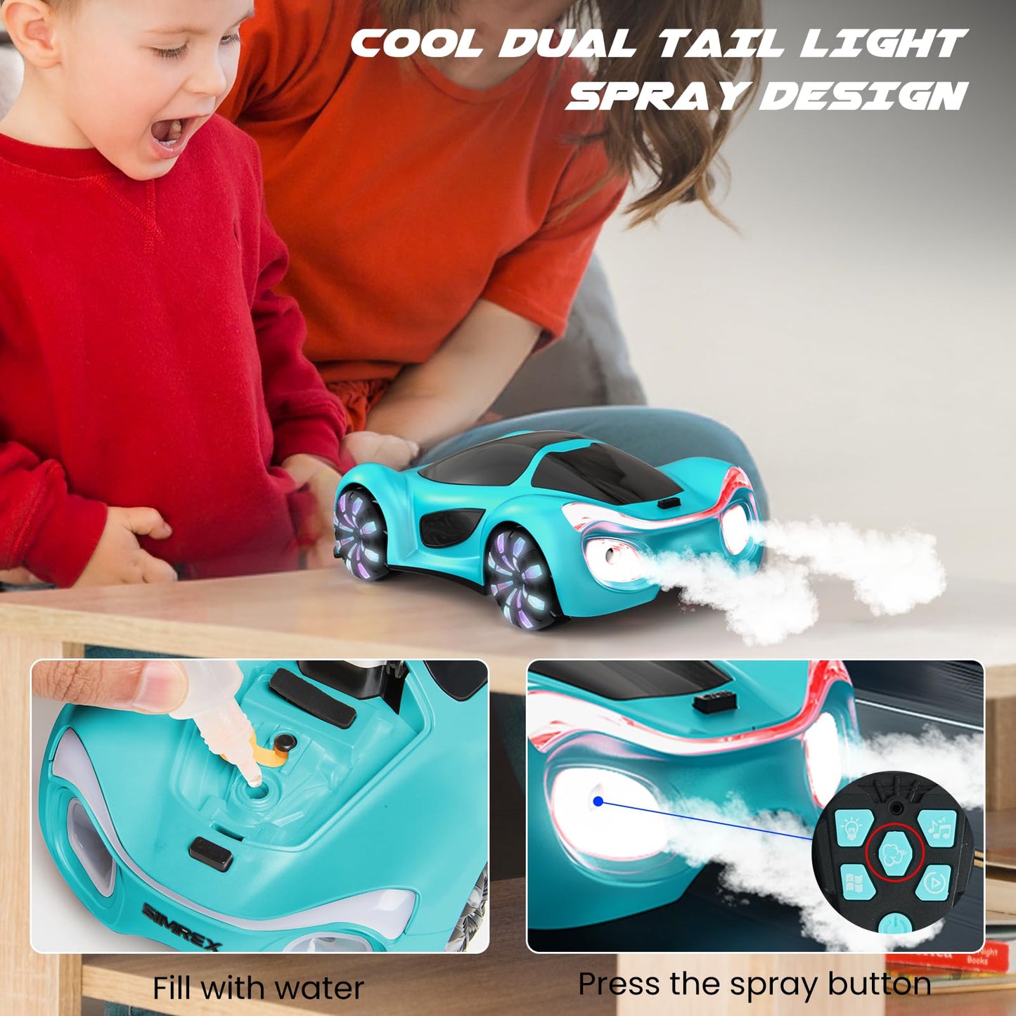 SIMREX Gesture Sensing Remote Control Car with Charging Dock - 360° Rotate Drift RC Stunt Car Toy, 40 Min Playtime, Dual Control, Spray Mist & LED Lights, Birthday Gift for Kids Boys Girls（Blue）
