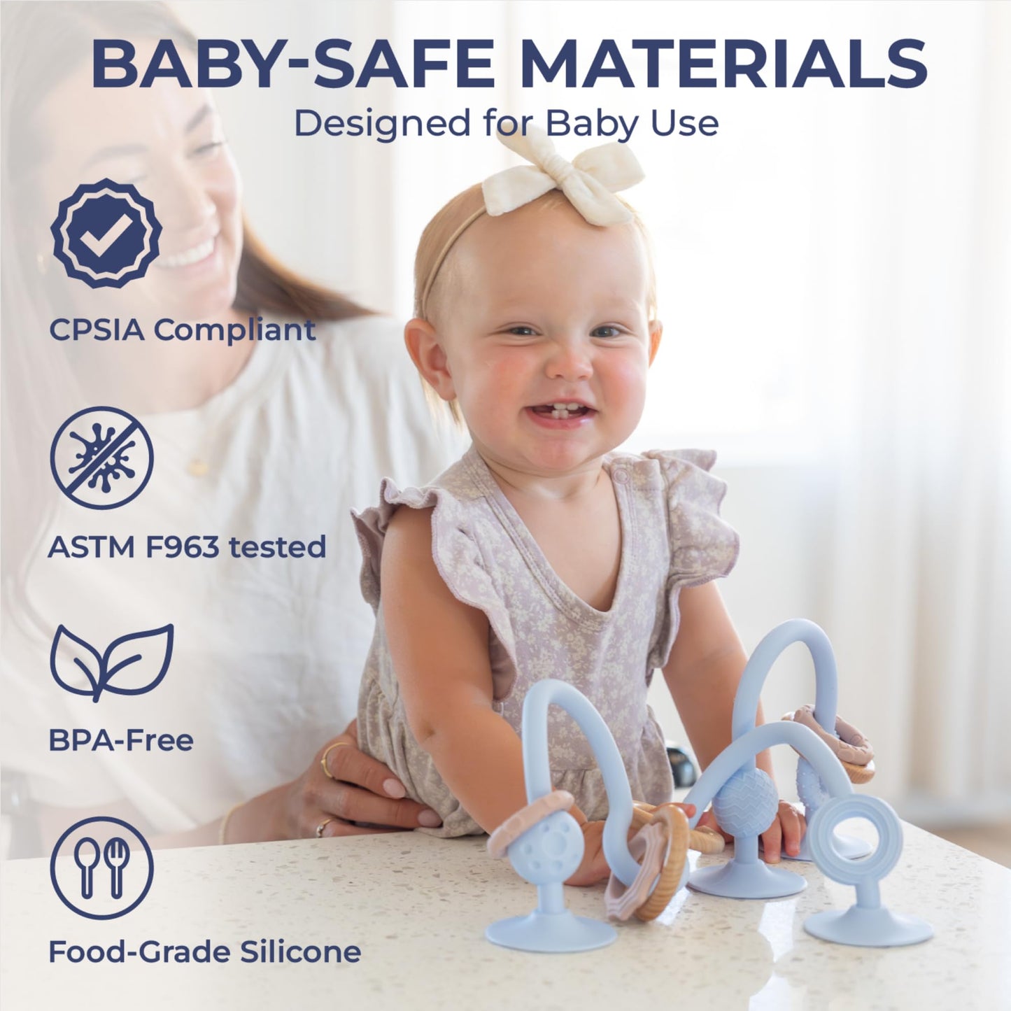 High Chair Suction Toy for High Chair Trays, Baby Suction Cup Toy with Large Suction Base, Food Grade Silicone and Wooden Rings, Sensory Toy 6-12 Months