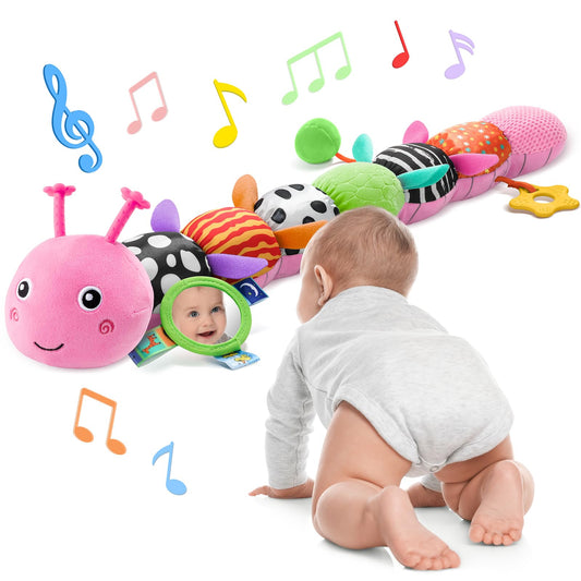 AWOTOY Baby Toys 6-12 Months Music Caterpillar Infant Toys Stuffed Animals 0-3-6 Months Teething Tummy Time Sensory Toys with Mirror Rattle&Pull String Boys Girls Birthday Gifts Easter Basket Stuffer