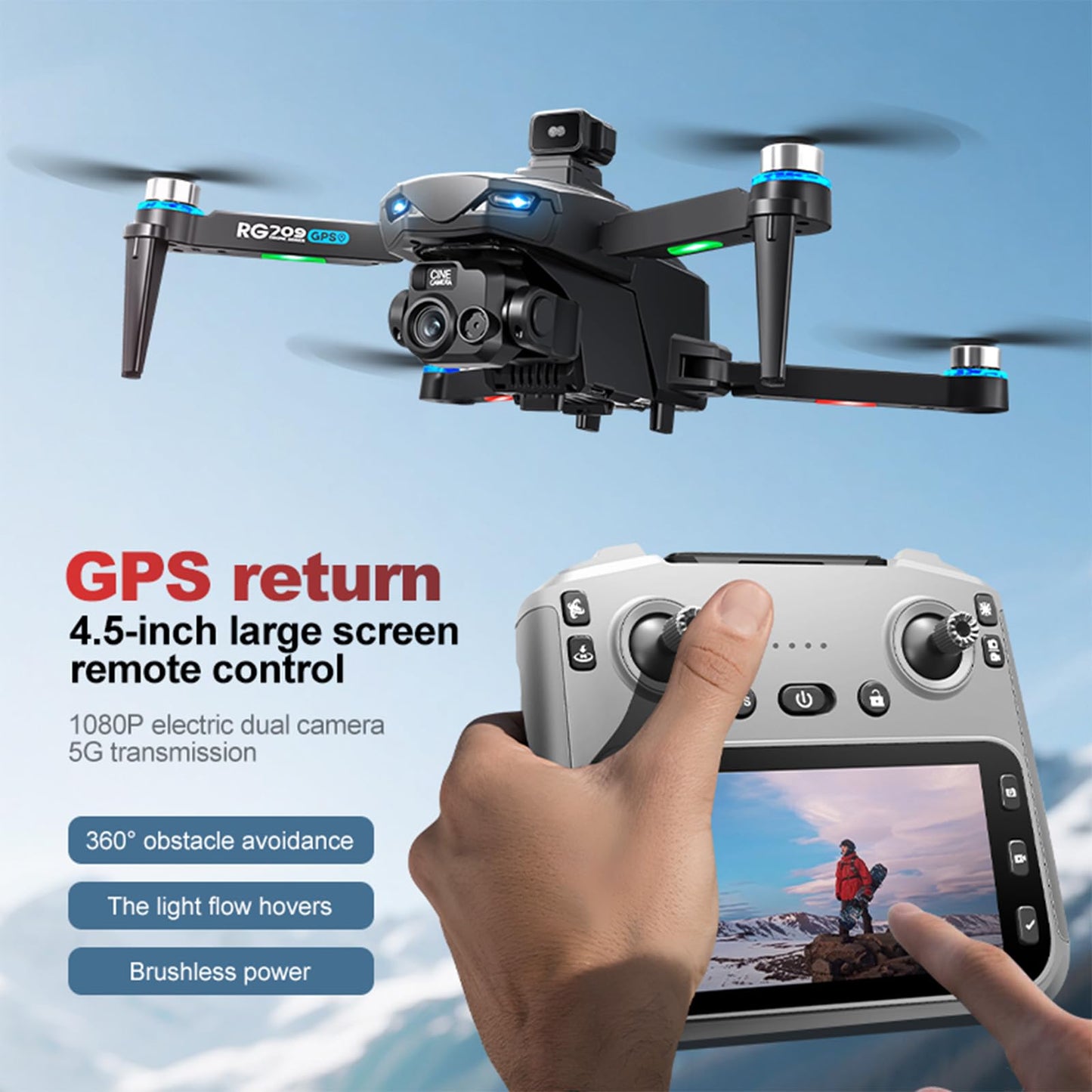 QQCHGOL GPS Drone with 2 Wide-Angle Camera 4K for Adult Beginner,5" Screen Control,360° Obstacle Laser Avoidance,45 Min Flight , FPV Drone with 2-Axis Gimbal,Auto Return,Follow Me, Circle Fly,BL Motor,2 Batteries