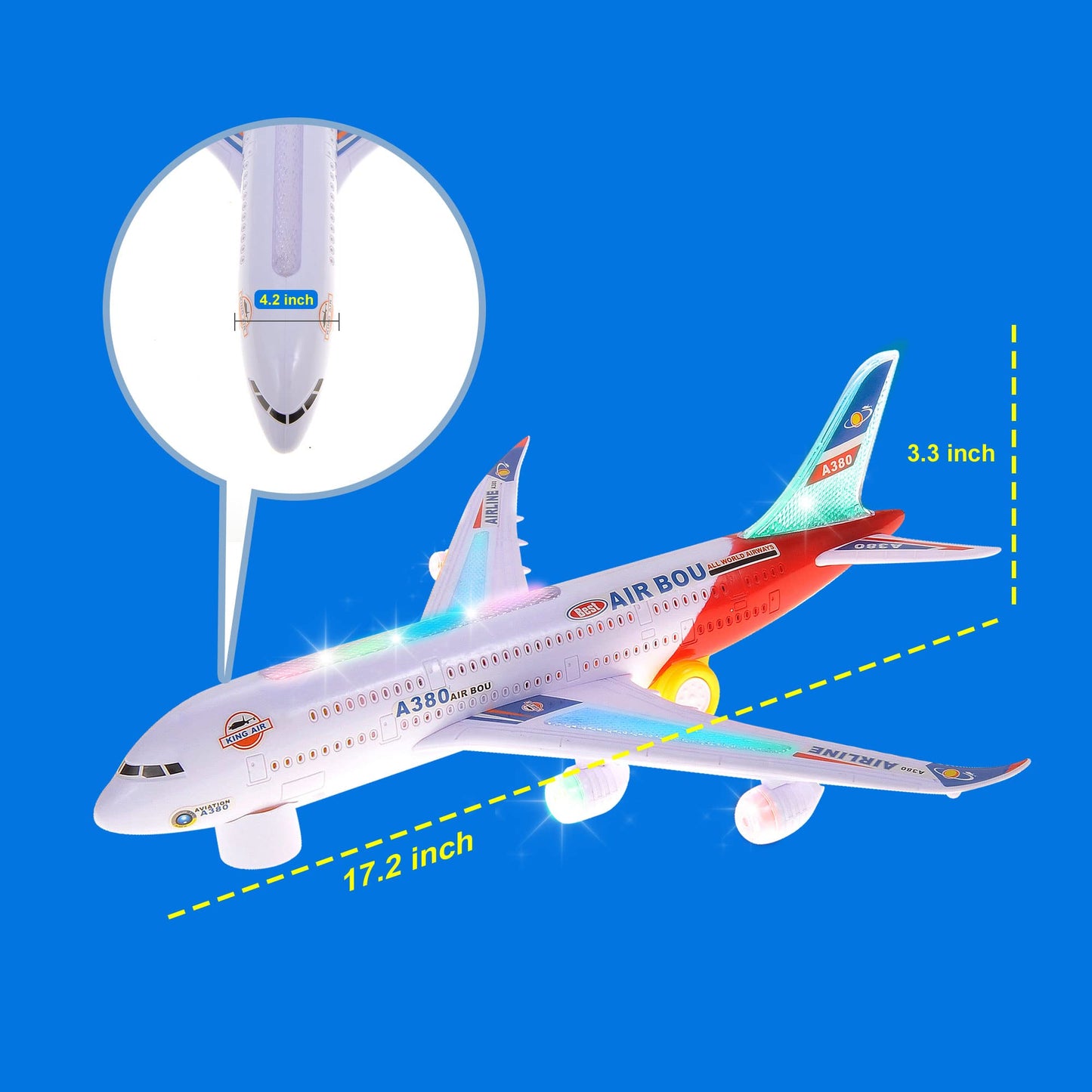 PowerTRC Kids Airplane Toys, Bump & Go Action Toddler Toy Airplane with LED Flashing Light, Music, Airplane Sound, Great Gift for Boys Girls Ages 3-12