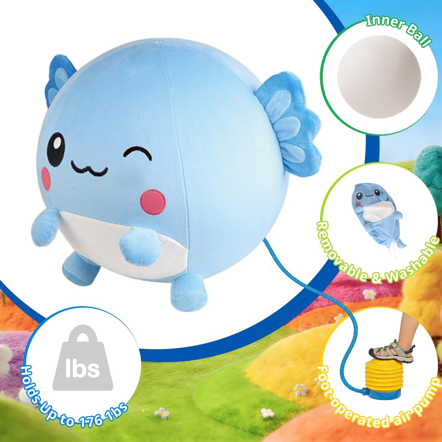 Lechonix Bouncing Balls for Kids, 29in/73cm Axolotl Plush Axolotl Toys for Girls, Inflatable Ride on Bouncer W/Pump Bounce Ball Support Up to 176 Pounds, Indoor Outdoor, Blue(5-7 Years)