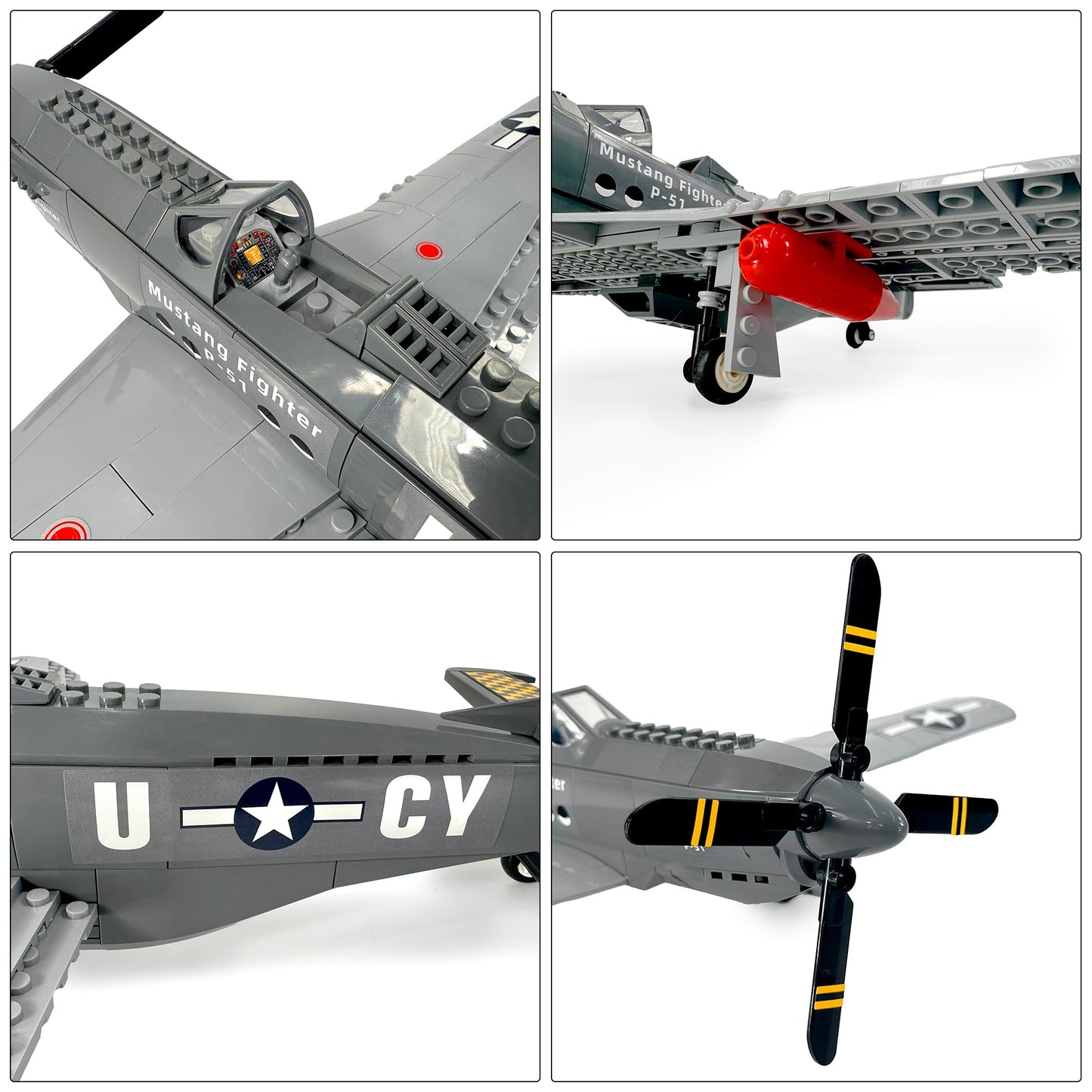 General Jim's WWII US P-51 Mustang Historical Fighter Plane Brick Building Blocks Set, 258 Pieces, 1:25 Scale, Spinning Propeller, Adjustable Flaps, Compatible with Major Brick Brands, GJ-P51