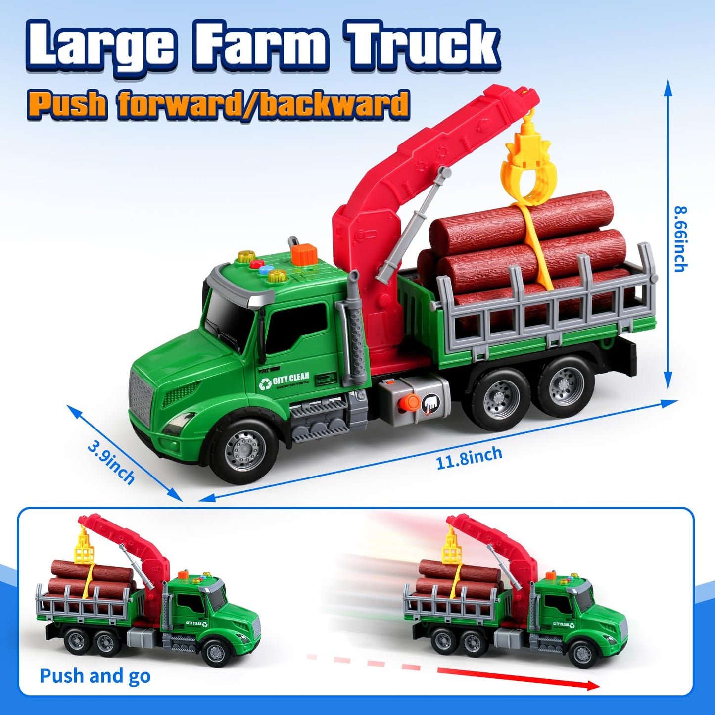DWIRCTOYS Kids Toys for 3 4 5 6 Year Old Boys,Farm Logging Truck Toy with Loading Crane and 6 Trunks, Lights&Sounds,Friction Powered Truck Kids Birthday Gifts for Boys Girls