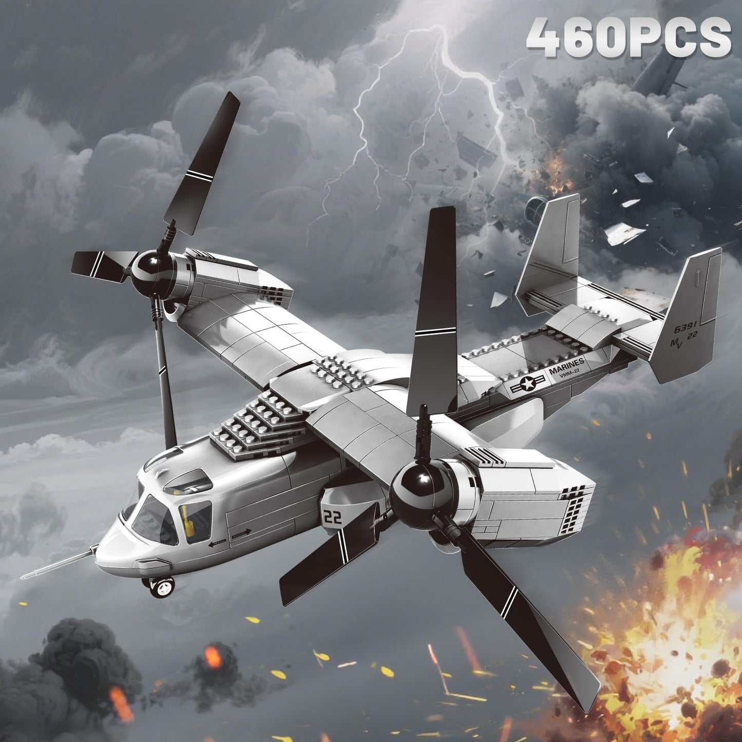 YYKNGYI V22 Tiltrotor Aircraft Building Block Set, Military Transport Plane Model- Compatible with Lego Military (460 PCS)