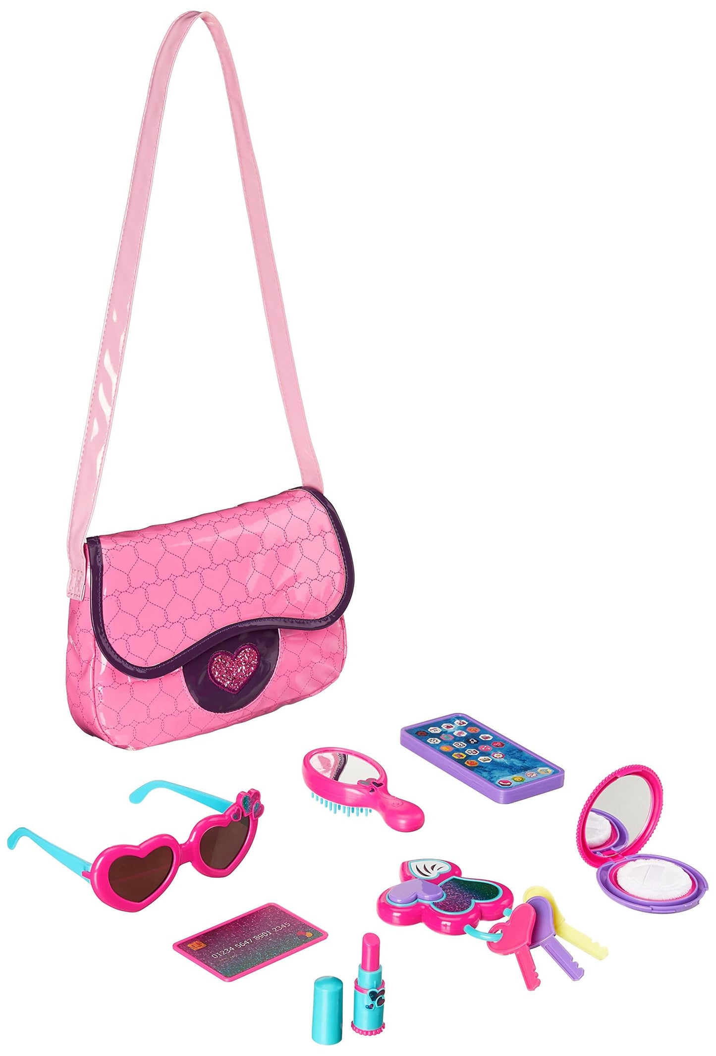 Amazon Basics 8-Piece Pretend Play Purse Toy with Accessories for Girls Ages 3 and Up, Kids Toy Handbag Gift Set Including Smartphone, Sunglasses, Pretend Makeup Kit, Keys and Credit Card, Pink