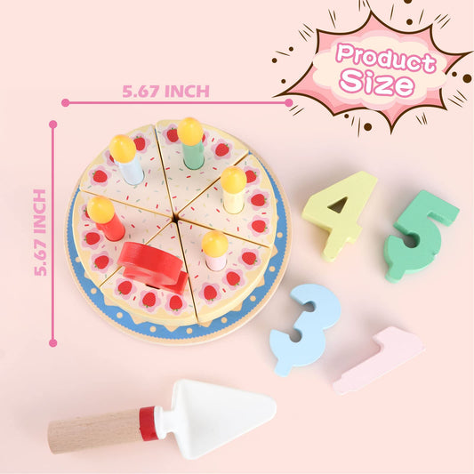 Steventoys Wooden Cutting Cake Play Set, Fake Cake with Candles and Numbers, Pretend Play Food Set, Montessori Tea Party Toys Learning Kitchen Toys for Boys Girls 1-6 Years