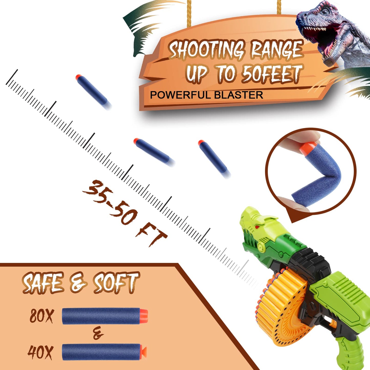 Toy Gun Toy Foam Blasters with 120 Foam Bullets, 40-Dart Rotating Drum, Foam Dart Gun Shooting Game for Indoor Outdoor Activity, Dinosaur Toys Birthday Xmas Gifts for Kids, Teens, Adults 6+
