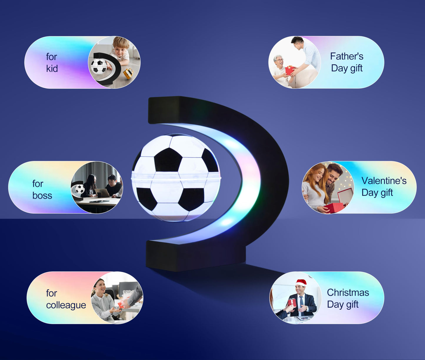 Magnetic Levitation Soccer Ball, Levitating Ball with C Shaped Shelf, Levitating Display Soccer with LED Lights for Men's Gift, Cool Decor (US Plug)