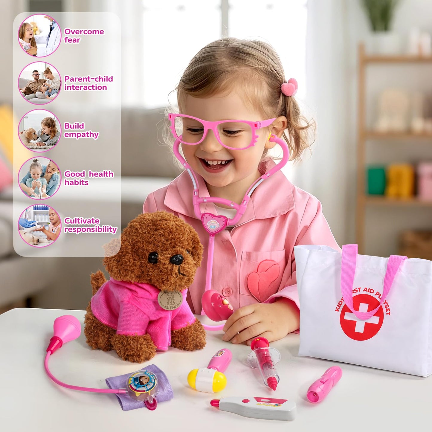 Doctor Kit for Toddlers 3-5 Girl Toys Birthday Gift for 2 3 4 Year Old Girls Kids Doctors Play Set with Plush Dog, Toy Stethoscope & Carrying Bag for Veterinarian Pretend Play