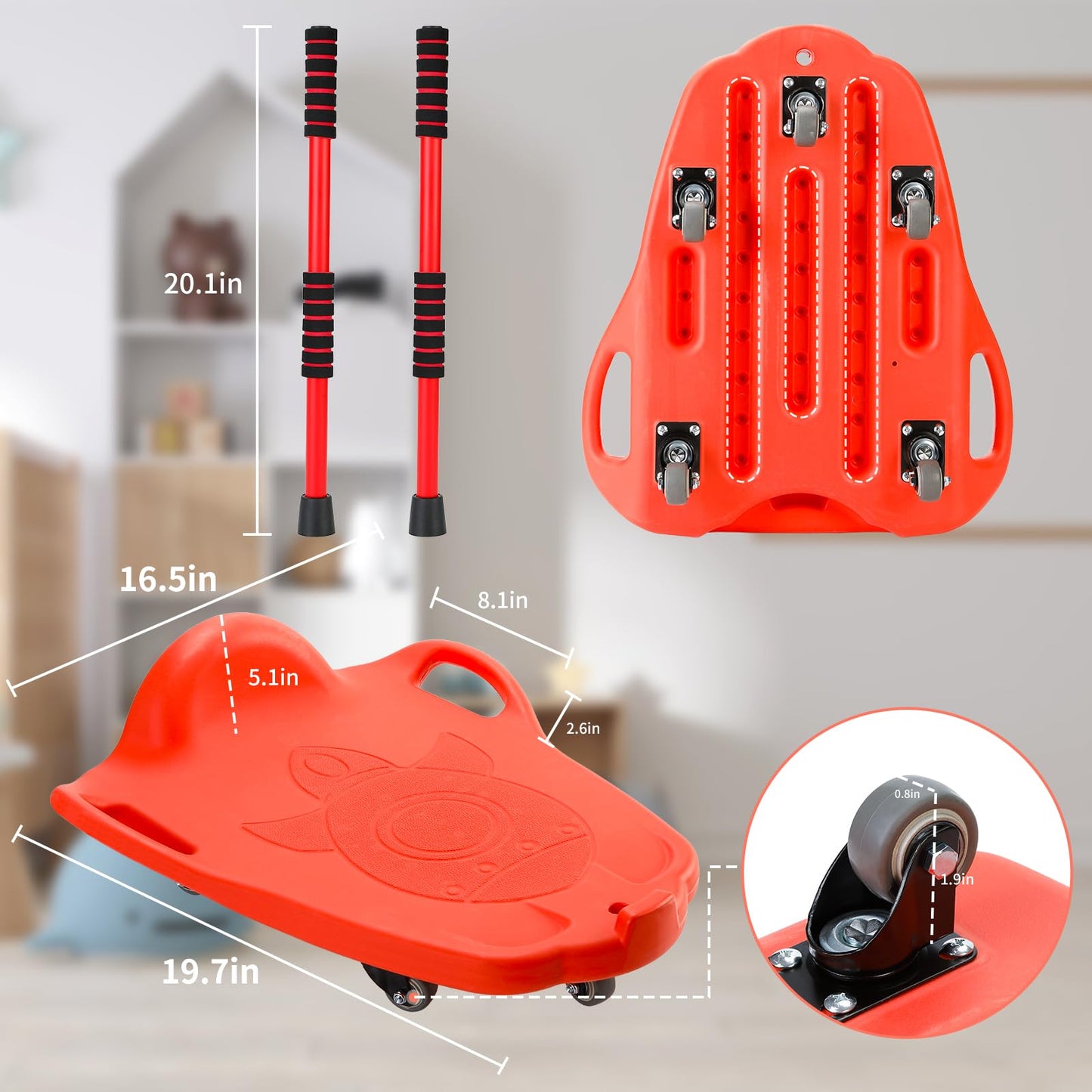 Large Scooter Board for Kids, Plastic Floor Scooter Board with 2 Paddles, 1 Rope, Handles, Buckle, 5 Wheels, Gym Scooters Boards for Indoor Outdoor Sports,Sensory Training (Red)