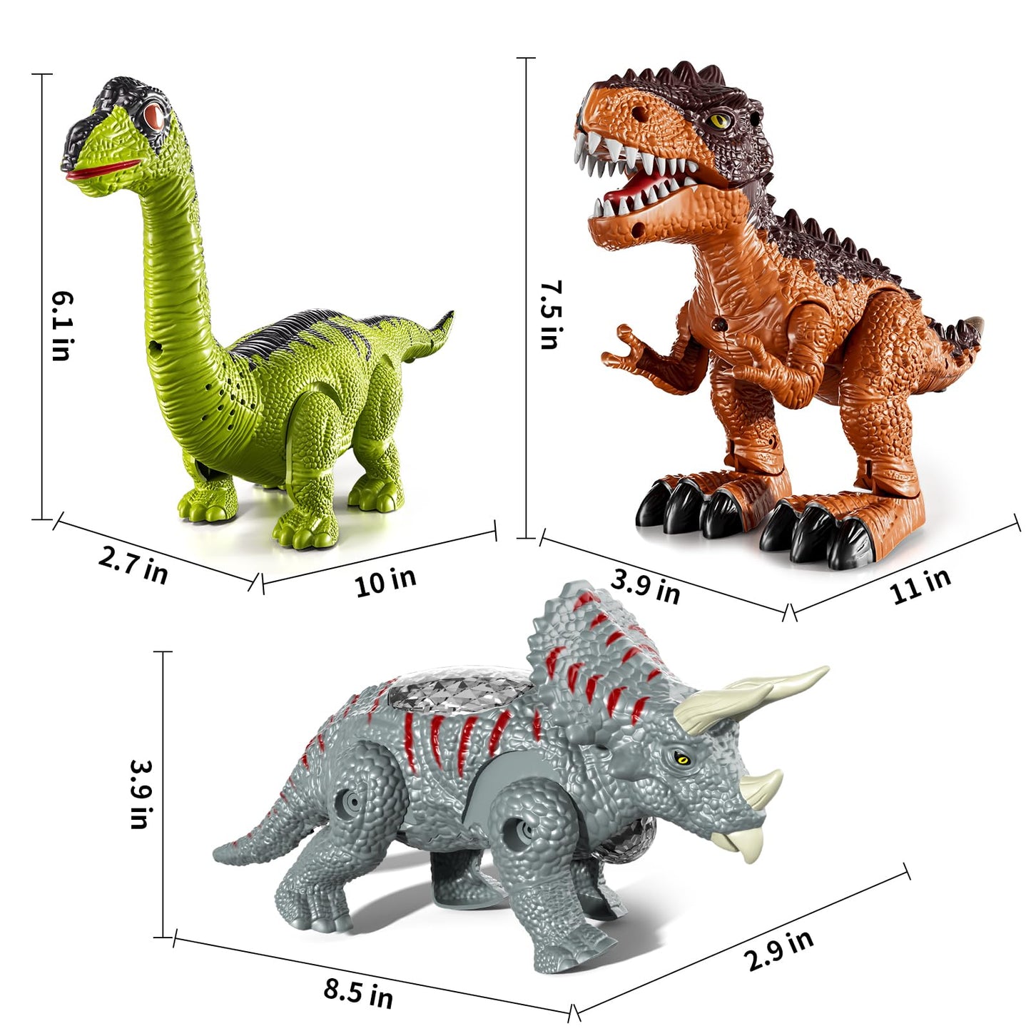 3 Pack Walking Dinosaur Toys for Kids 3-5 5-7 Years Old, Simulated Tyrannosaurus Brachiosaurus Triceratops with Sound & Light, Birthday Gifts Dino Toy for Toddlers Boys Girls 3 4 5 6 7 8 Years