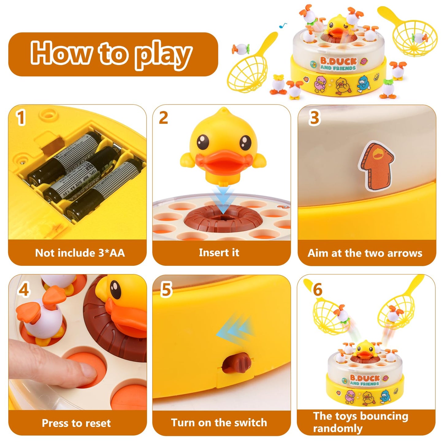 Zelbuck B.Duck Bounce Catch Game,Board Games,Fun Bounce & Catch Duck Toy, Interactive Family Game for 3-7 Year Olds, Party Game for Toddlers & Kids (Yellow)