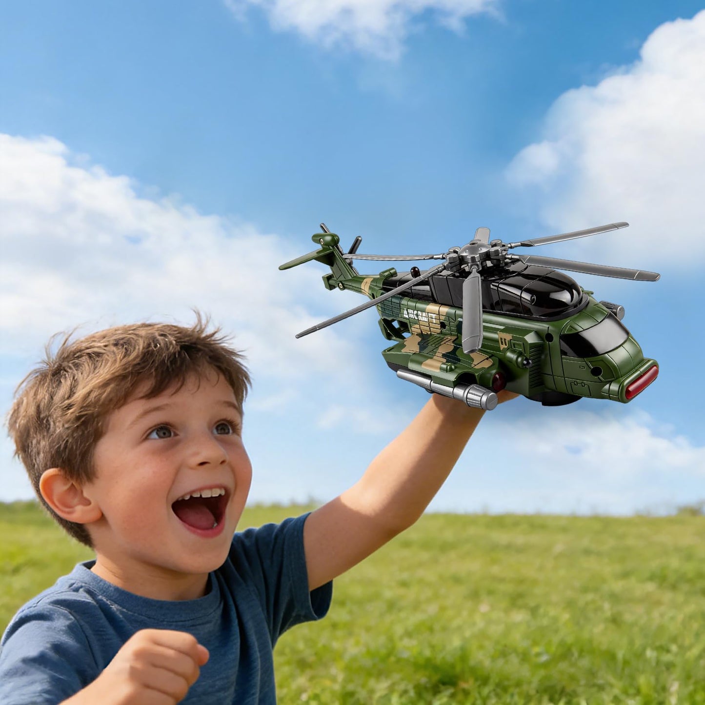 victob Helicopter Military Toy - Airplane with Lights and Music, Bump and Go Airplane Toys for Toddlers Boys Girls 3 4 5 6 7 8 Years Old, Easter Birthday Gift Toy for Kids