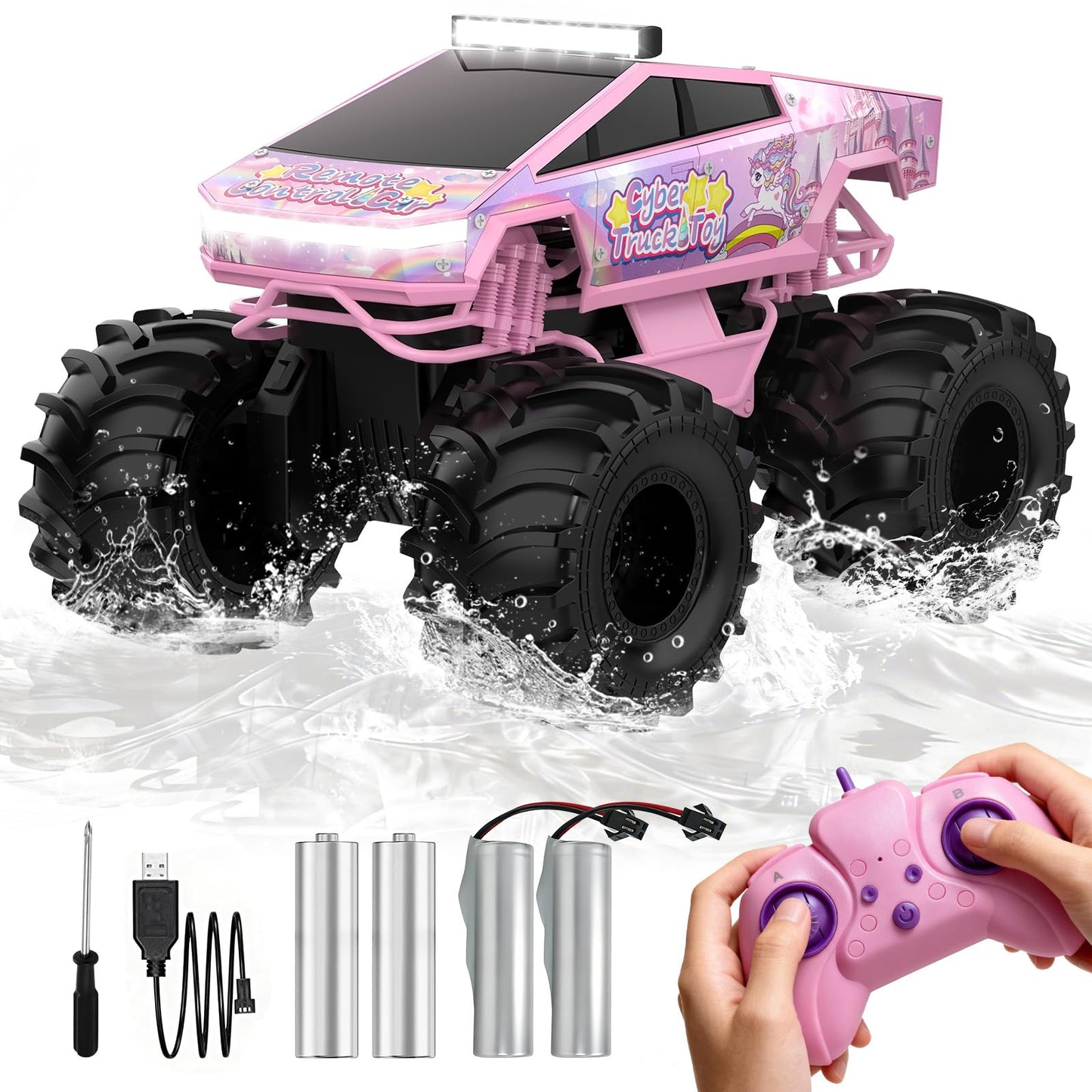 Cokzer Unicorn Cyber Truck Remote Control Car, 1:18 Girl Remote Control Car, 2.4 GHz Waterproof Amphibious RC Cars, 4WD All Terrain Off-Road Pickup for Girls Christmas Birthday Gifts Ages 6+ (Pink)
