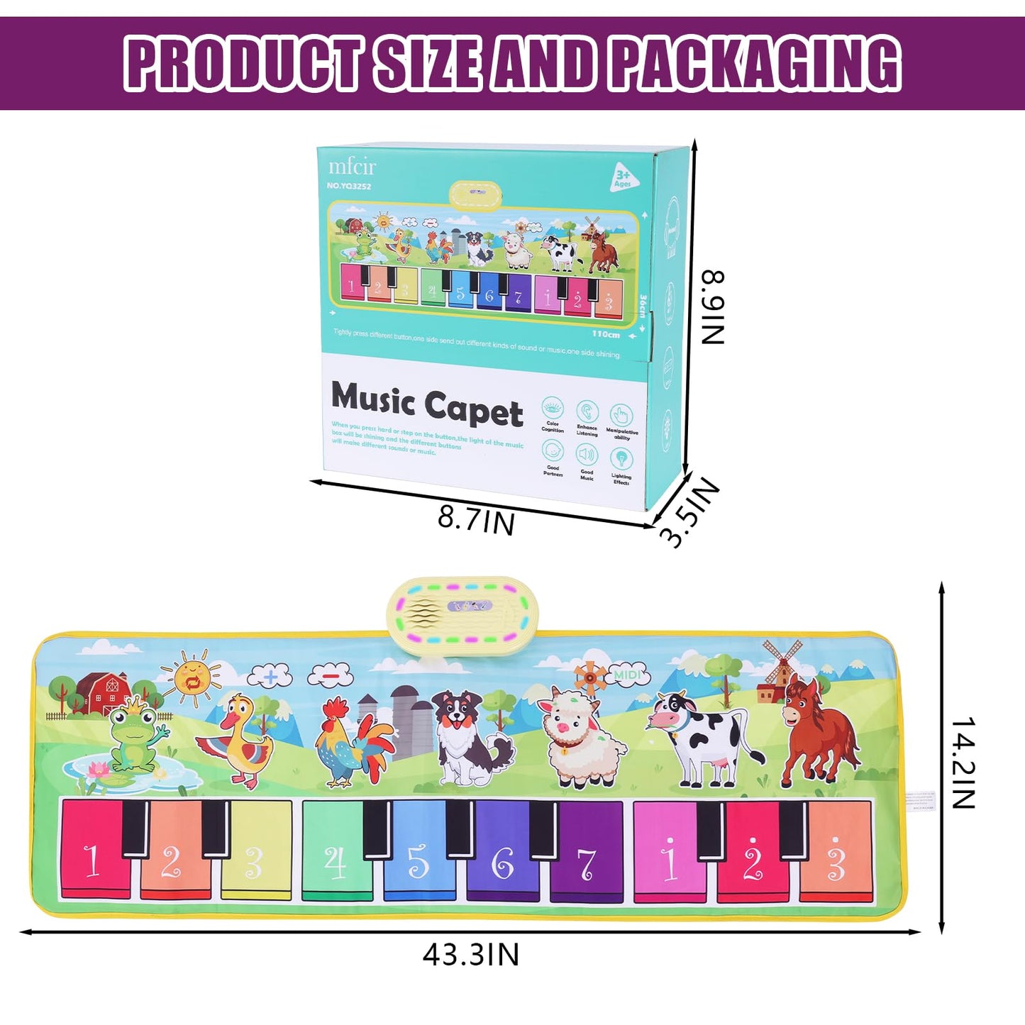 Toddler Toys Farm Animals Piano Mat, Baby Musical Floor Carpet Play mat for Kids,Sensory Educational Learning Dancing Keyboard,Touch Blanket Xmas Christmas Birthday Gift for 1-5 Year Old Girl boy