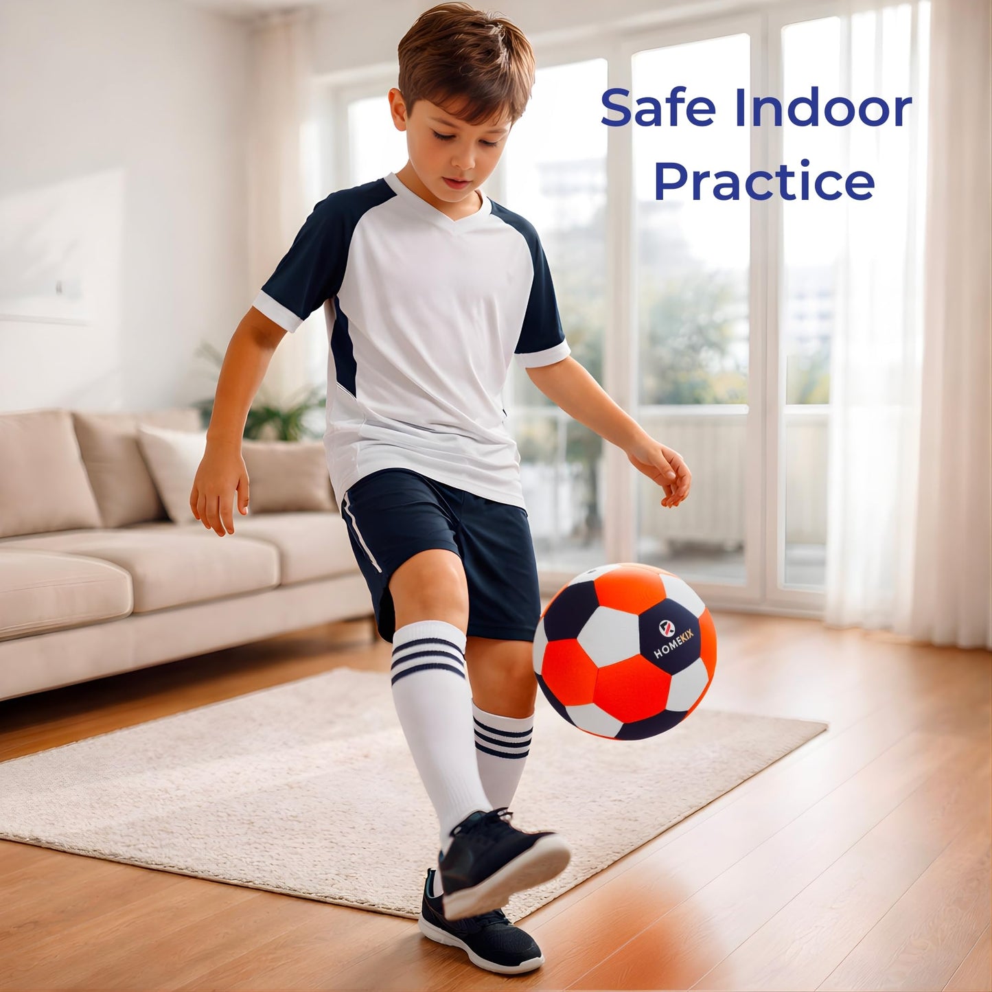 HomeKix Size 4 Indoor Soccer Ball – Soft Silent Foam Ball with Realistic Bounce for Kids Ages 3–12, Quiet Apartment-Friendly Home Practice, Dribbling & Juggling, Soccer Gift for Boys & Girls