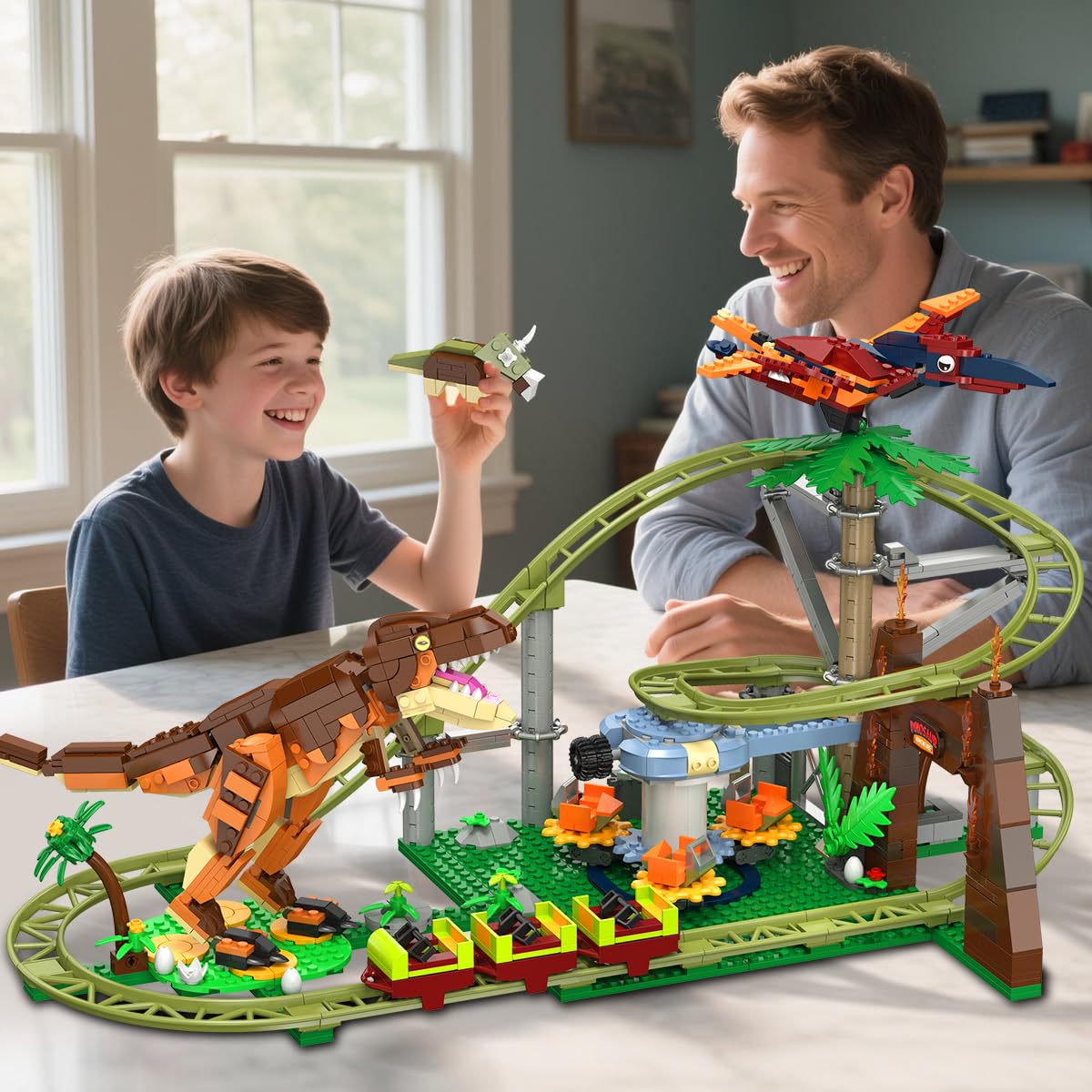 HOGOKIDS Dinosaur Roller Coaster Building Set - 1222 PCS Roller Coaster Building Toy with 4 Dinosaur, Off-Road Vehicle, Food Cart, Dinosaur Models Playset, Gifts for Adults Girls Boys Ages 8-12 Years