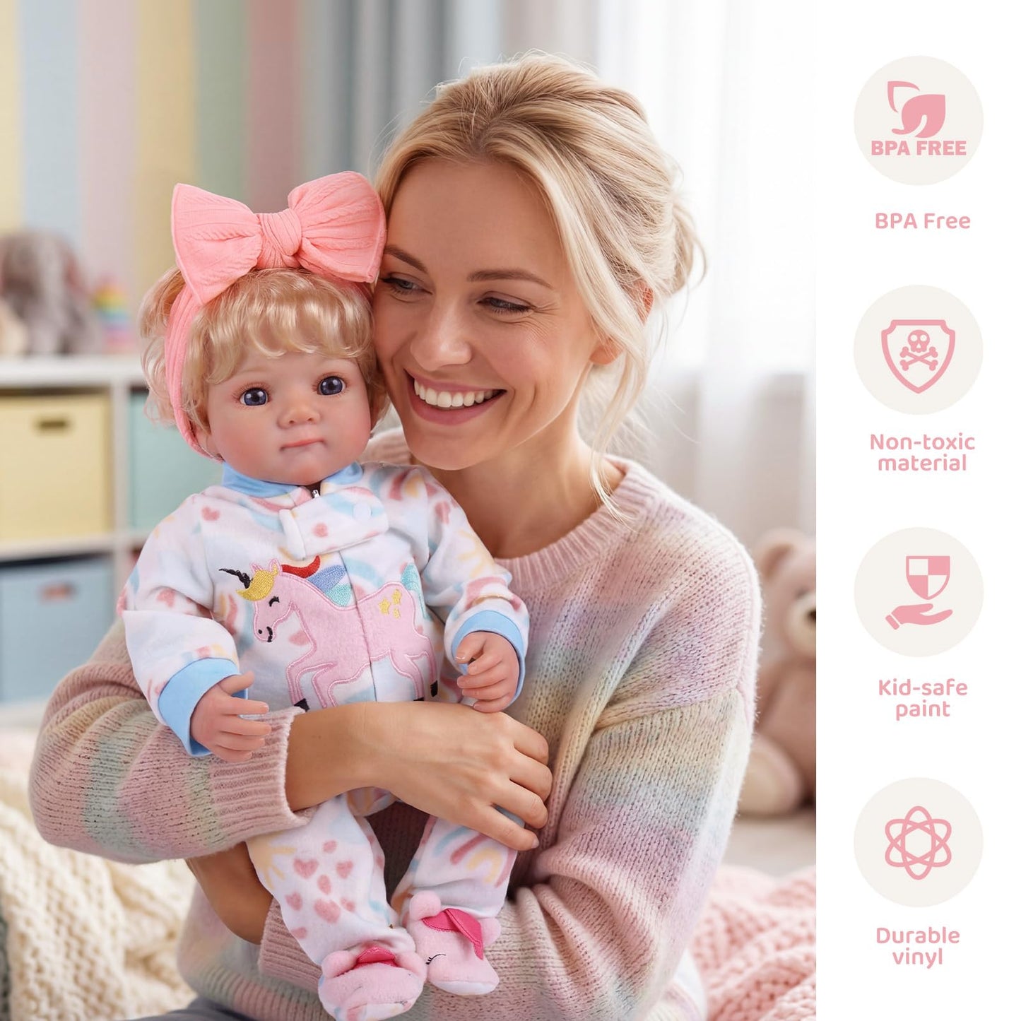 BABESIDE Reborn Baby Dolls with Moving Eyes,17 Inch Realistic Baby Doll Girl with Blond Curly Hair, Real Life Baby Doll with Accessories, Gift for Kids 3+ Pretend Play, Collection