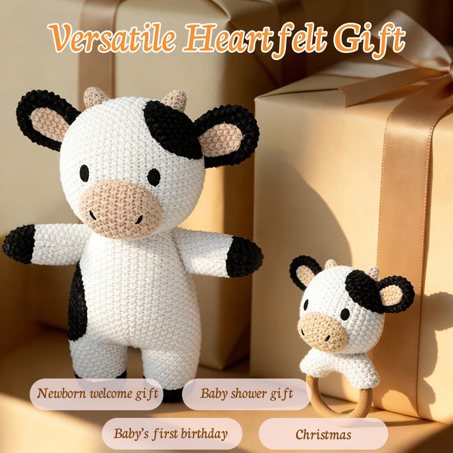 okegztoa 10" Handmade Crochet Cow Stuffed Animal, Baby-Safe Cotton Plush with Rattle, Hypoallergenic Toy for Newborns 0-12 Months, Ideal Baby Shower & 1st Birthday Gift