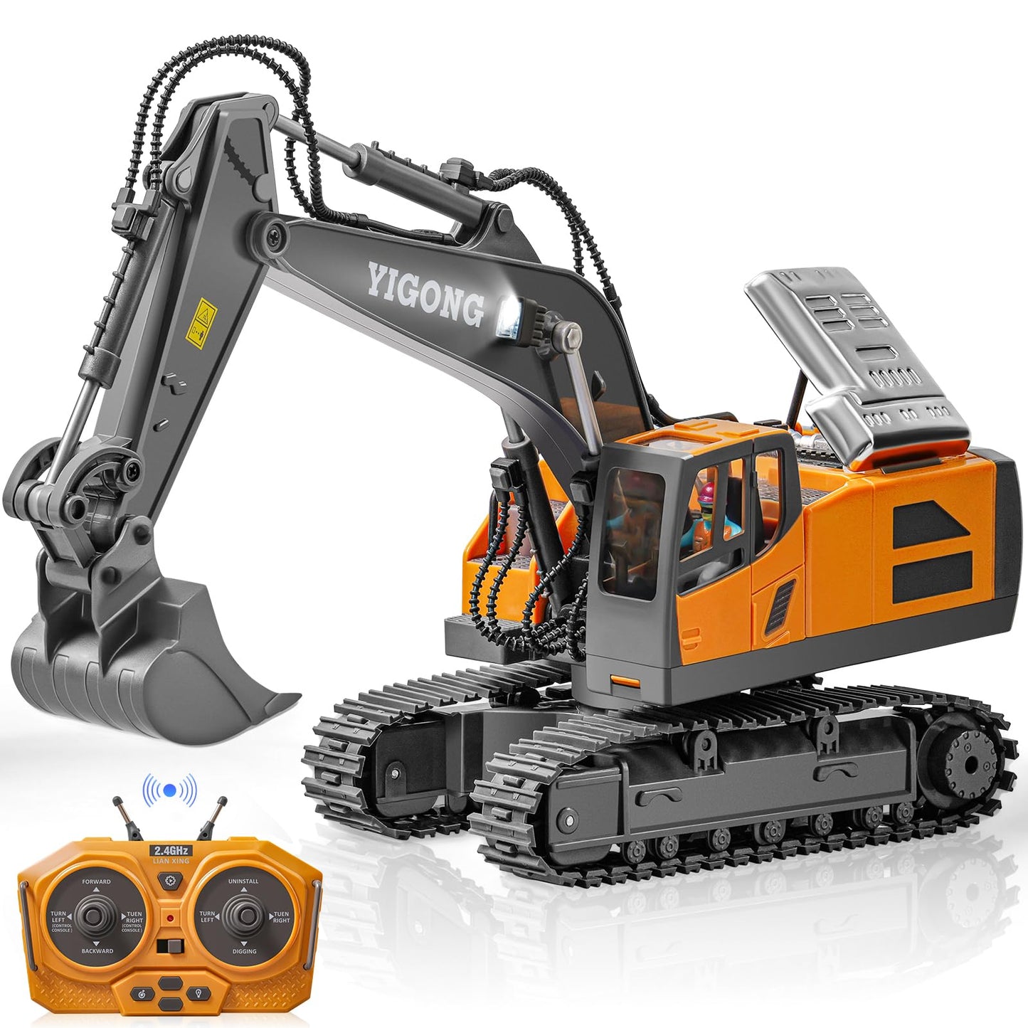 SJYN Remote Control Excavator Toy, 11 Channel RC Construction Digger with Metal Shovel, Lights & Sounds, 2.4GHz Rechargeable All-Terrain Excavator for Kids 3-14, Perfect for Sand, Dirt & Outdoor Play