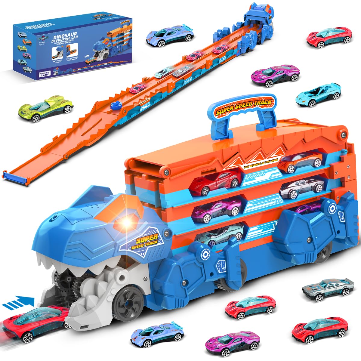 TERRAMUS Dinosaur Transport Truck Toy for Kids - 3 in 1 Ejection Folding Track Toys w/Sound 8 Race Cars, Portable Vehicles Set Best Gift for Boys Girls 3 4 5 6 Years Old - Possesses Invention Patents