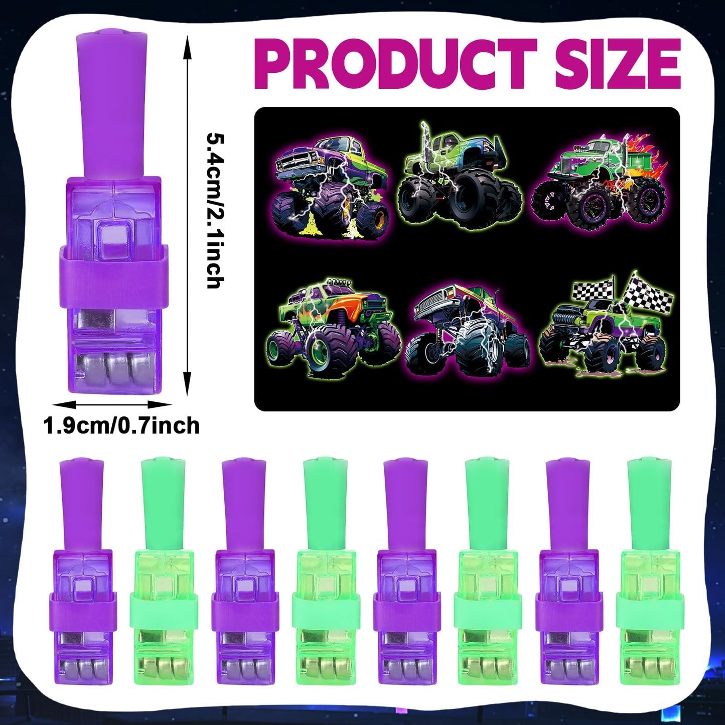 36Pcs Monster Truck LED Finger Lights Truck Toys Party Favors Glow in the Dark Light Up Finger Lights Racing Themed Toys Bulk for Kids Birthday Party Goodie Bag Stuffer Birthday Gifts Classroom Prize